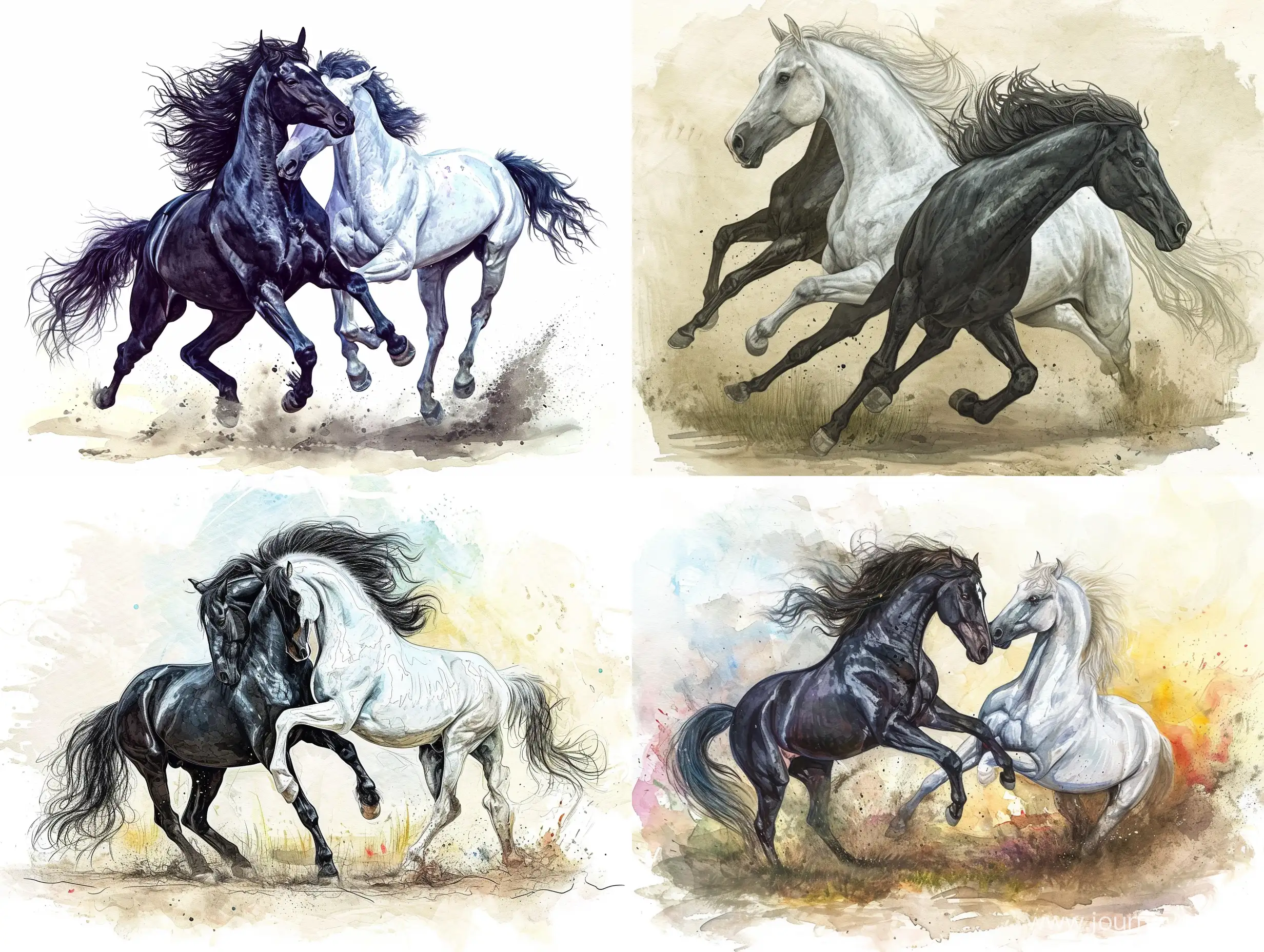 черная лошадь, белая лошадь, бьются друг с другом, иллюстрация, красиво, сказочно, высокая детализация, акварельный рисунок