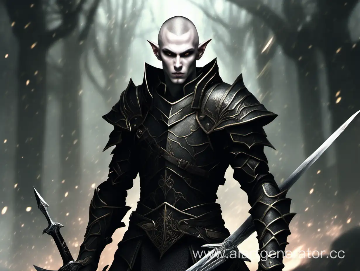  slim young male elf, pale, shaved head, narrow eyes, sharp and feminine facial features, angry face, tight dark-grey rogue armor, twin gladius swords