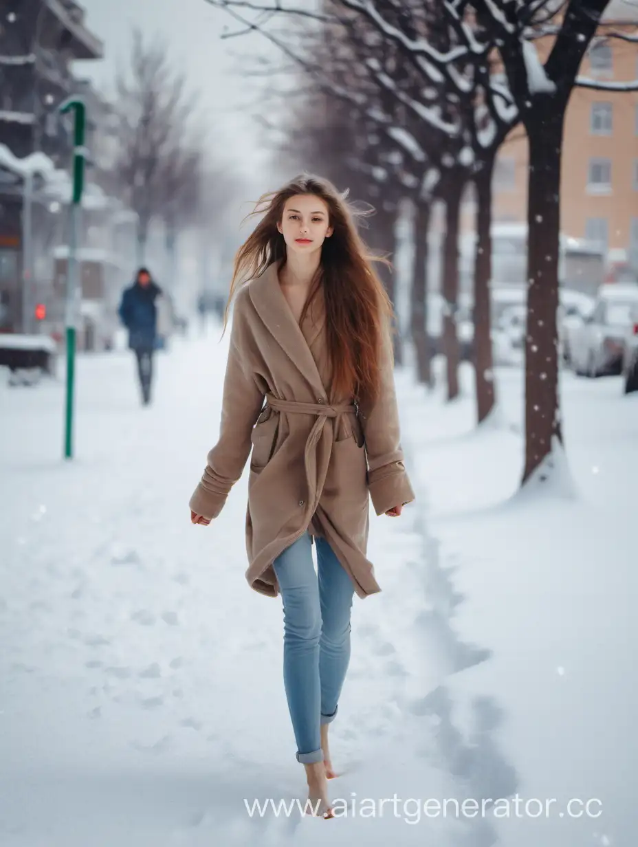 城市雪地中赤脚行走的漂亮女孩