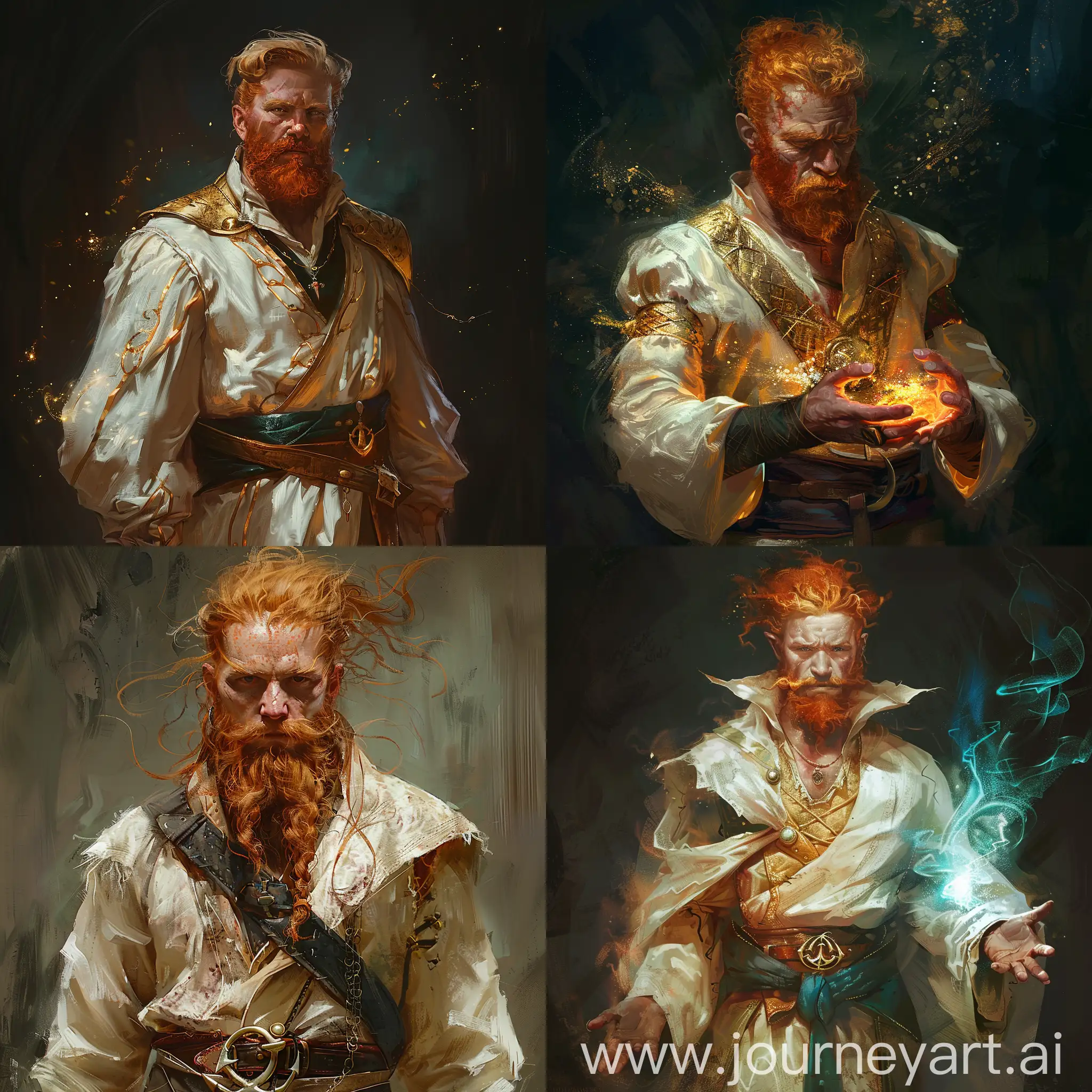 Dark fantasy, twenty four ears old  red-haired man with anchor beard,magician,in light rich clothes