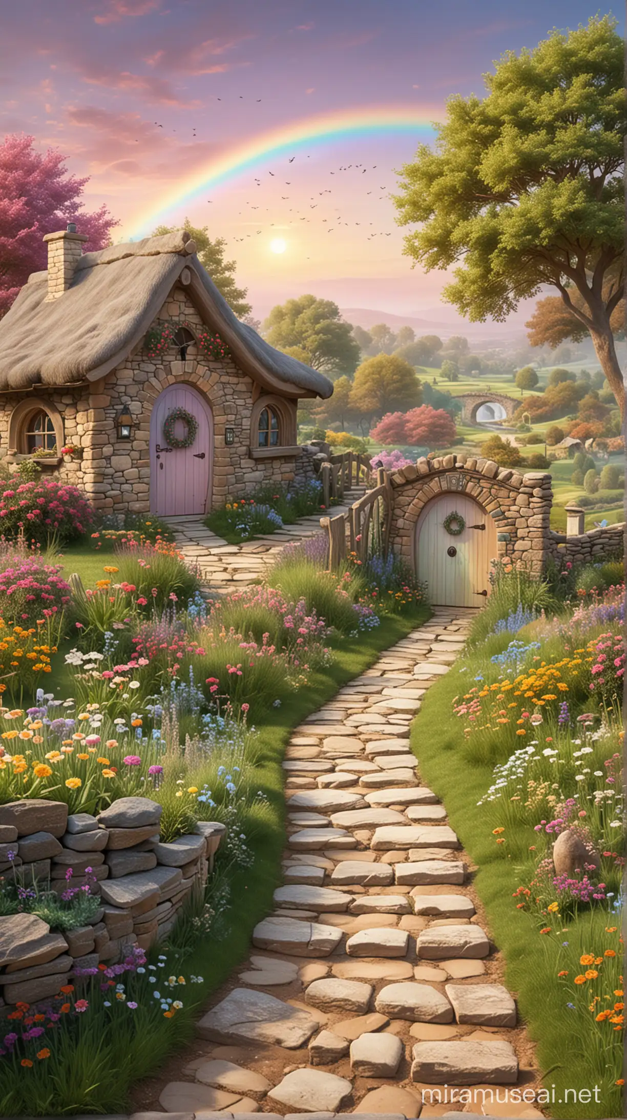 Whimsical Landscape with a pastel rainbow in the background in a shire with fairy doors and fantasy cottages. With a stone path and a stone bridge.