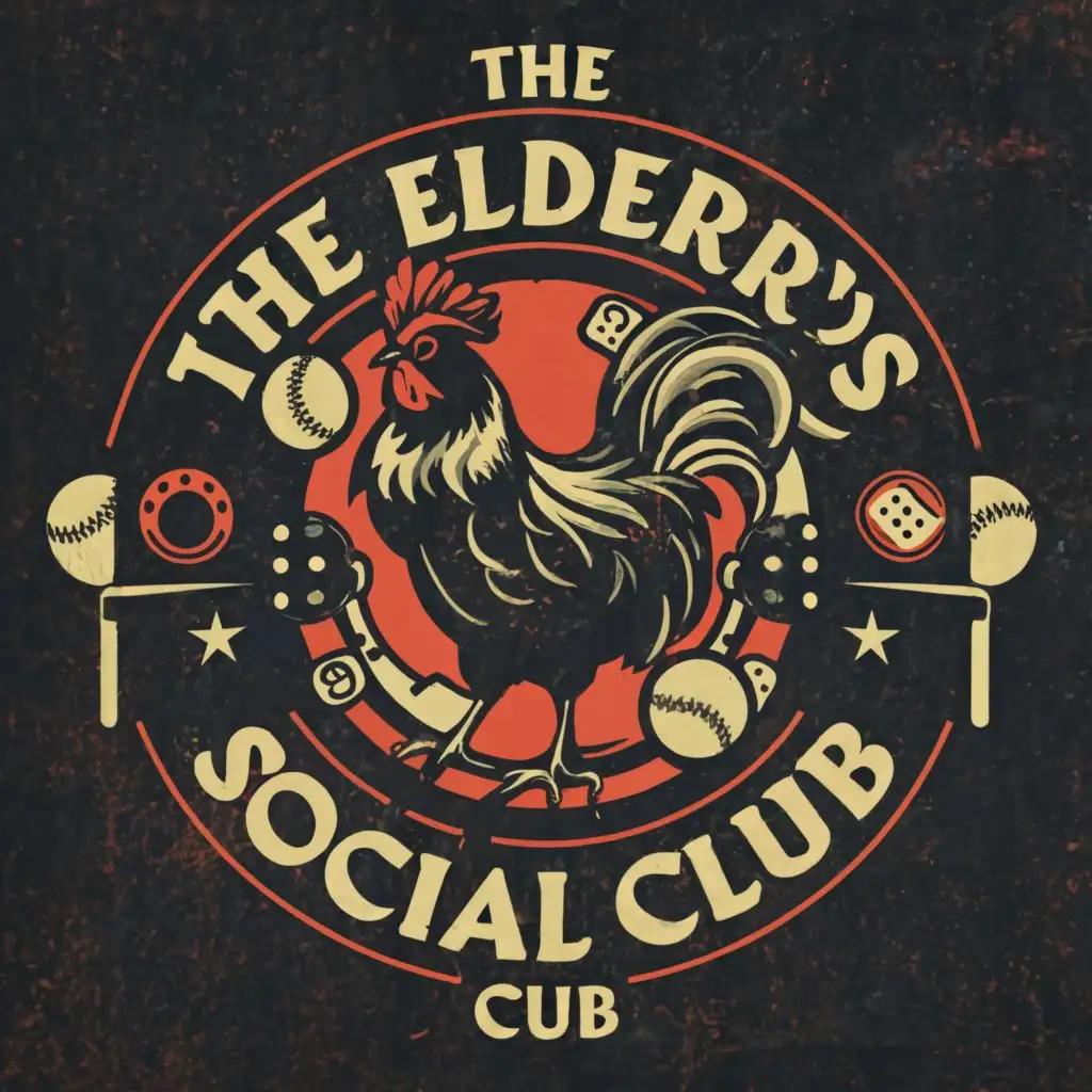 logo, rooster, billiards cues, baseball, dominos, with the text "THE ELDERLY'S SOCIAL CLUB", typography