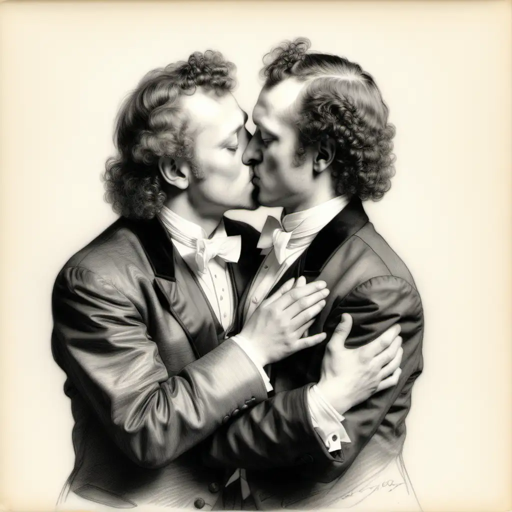 a pencil drawing by Rembrandt of a 2 modern 20th century guys wearing tuxedos, kissing each other passionately