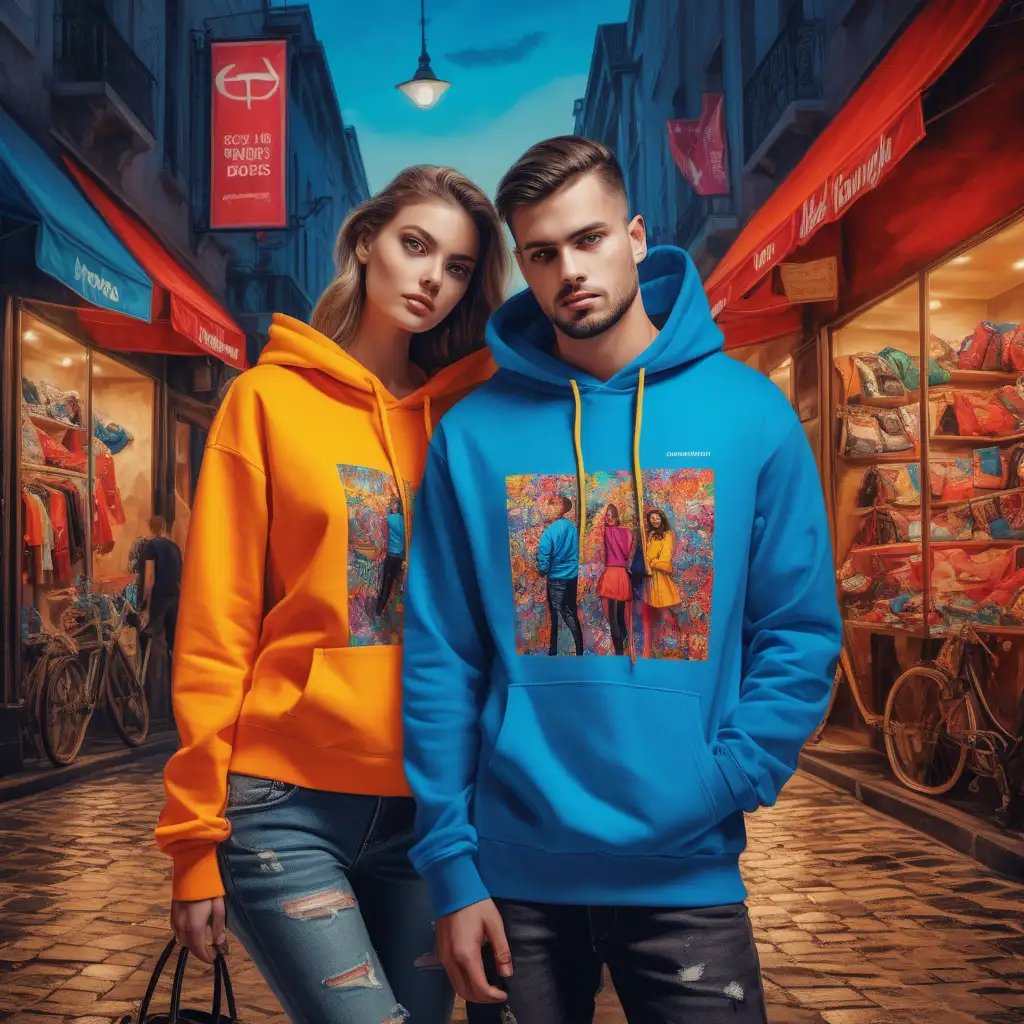 Couple model, A visually striking and meticulously crafted image, calling attention to the main subject of an online store dedicated to selling T-shirts, Hoodies, and bags. This captivating artwork, perhaps a vividly immersive painting or expertly captured photograph, bursts with vibrant colors and exceptional detail. Each item, from the intricately designed T-shirts to the stylish Hoodies and trendy bags, is showcased in all their glory. The image radiates with a sense of high quality and exceptional craftsmanship, inviting viewers to explore and indulge in the diverse range of products available.