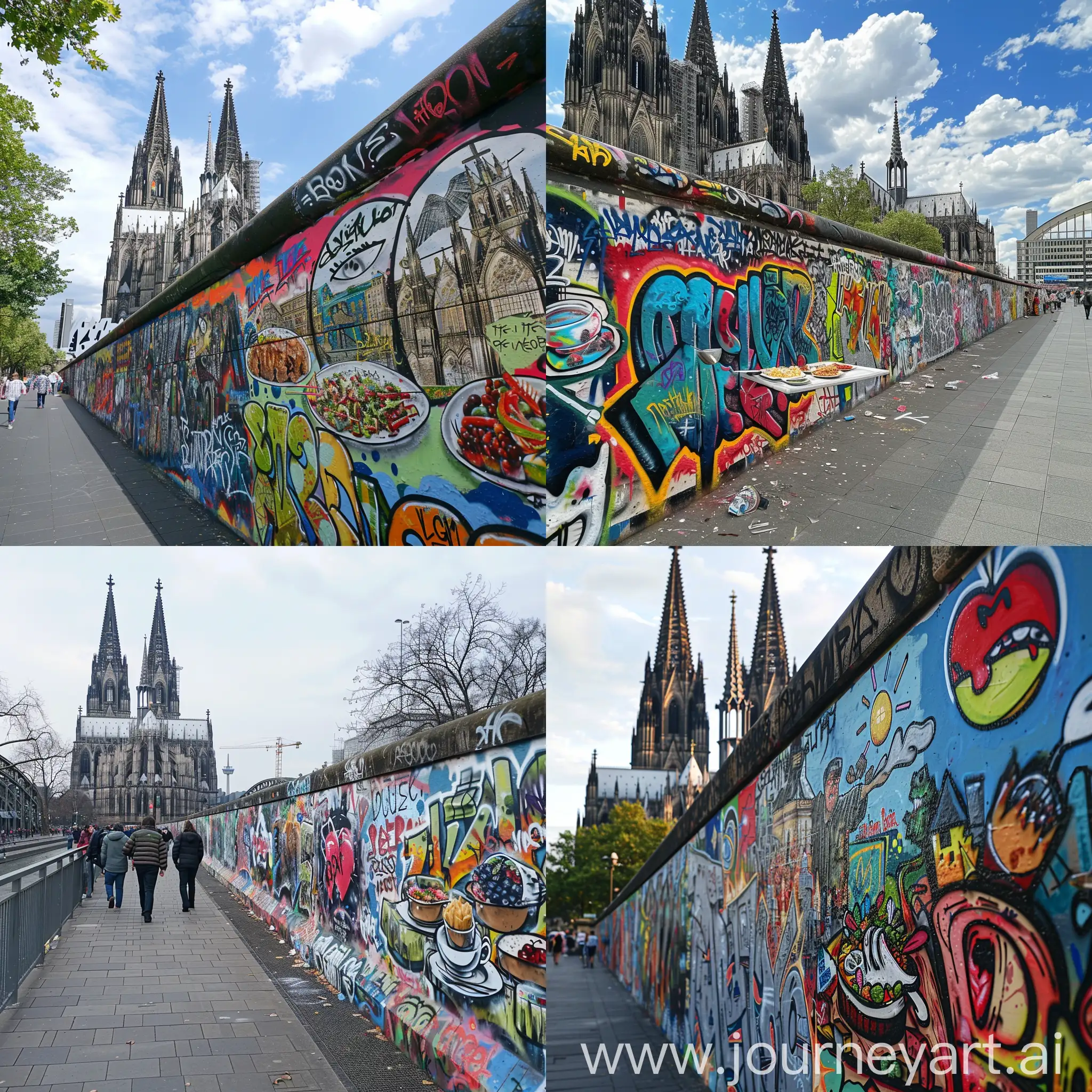 Graffiti Mauer, Kölner Dom im Hintergrund, auf Graffiti Mauer essen aus verschiedenen Kukturen, Bewusstseim für Vielfalt