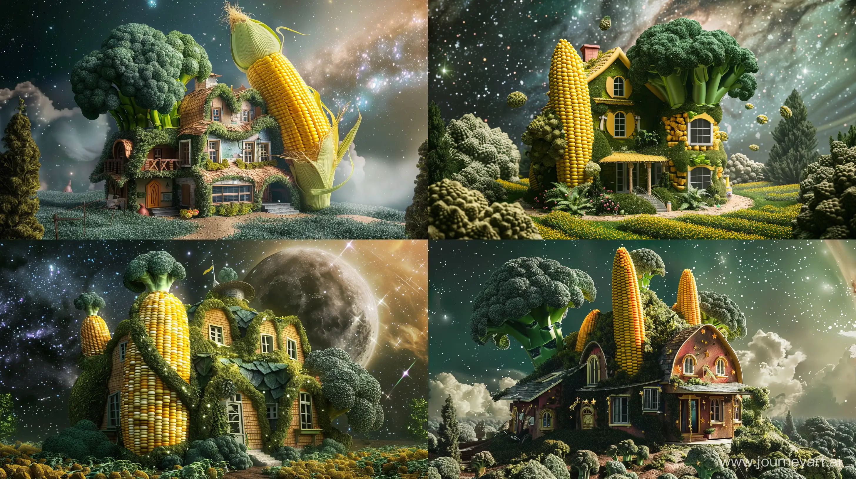beautiful big house in the shape of corn and broccoli, in the galaxy, fantasy style, realistic --ar 16:9