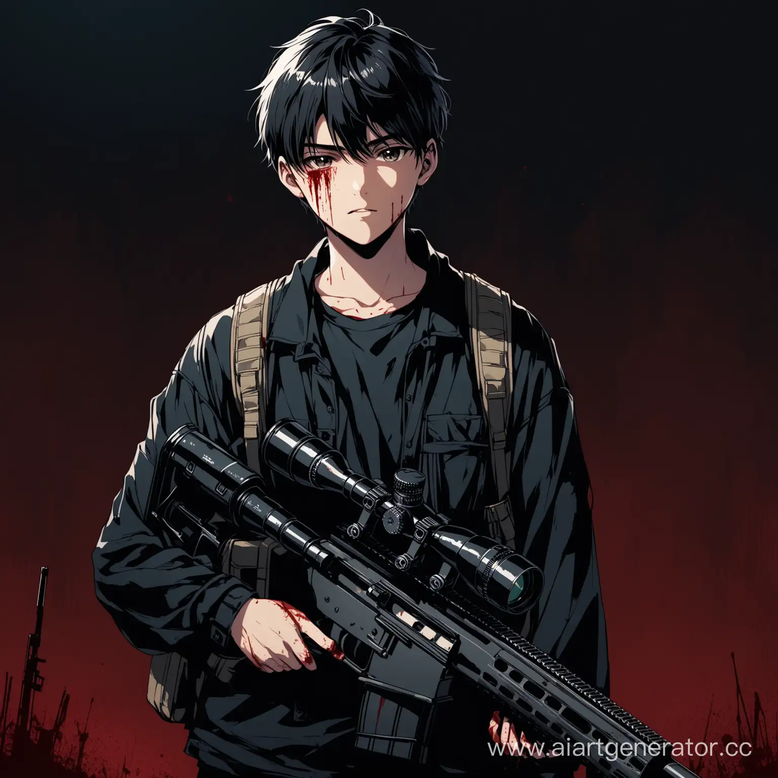 Милый мальчик с снайперская винтовка, держит в руках смотрит в камеру, 20 лет, в обычной одежде, мувик, в тёмной одежде, болия детализации, кровавый фон