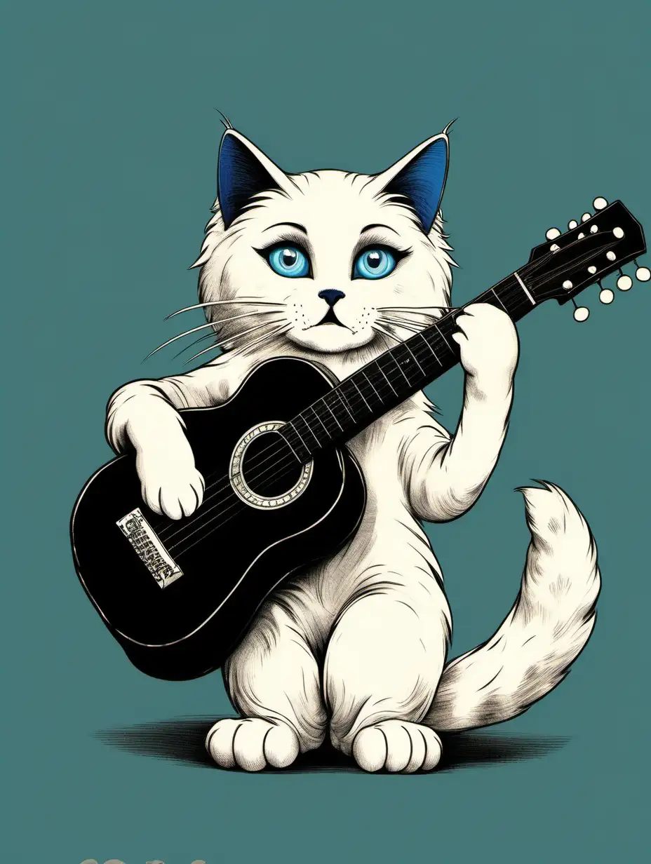 vintage illustration of ragdoll cat with black ears and blue eyes wearing a white sweater and playing a black guitar over black background