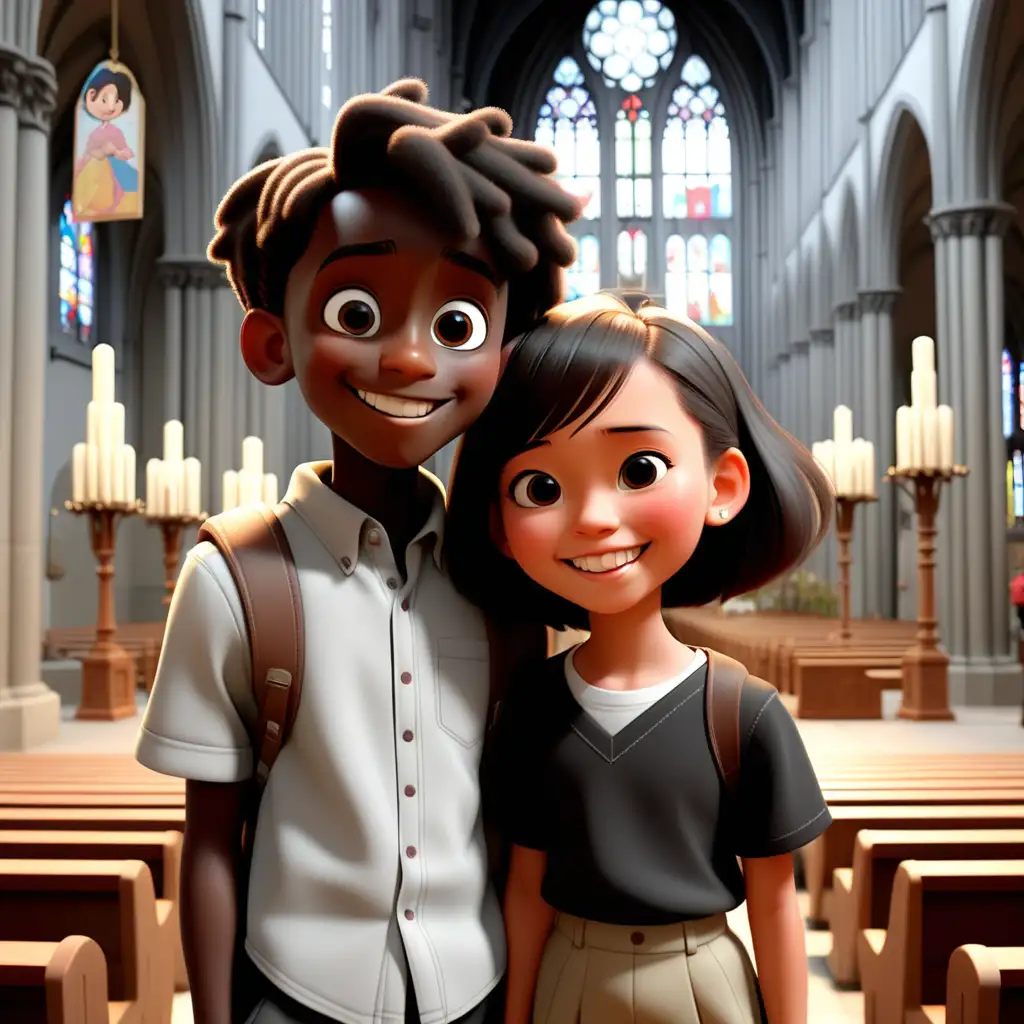 A Black Belgian boy with a cute Taiwanese girl in St. Bavo's Cathedral. They look happy. Disney Pixar Style.