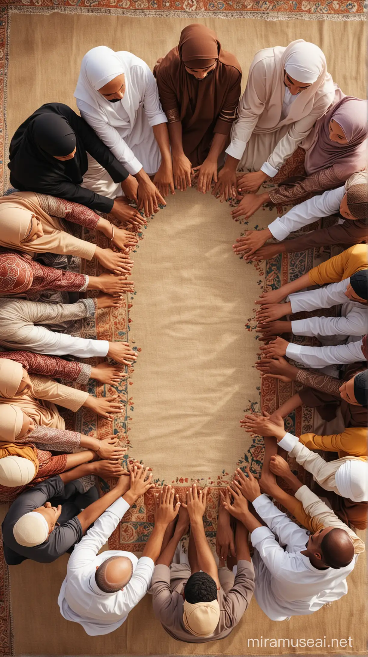A Vibrant Tapestry of Unity: Depict a diverse group of Muslims from various ethnicities and cultures, holding hands in a circle, symbolizing their unity despite differences. HD 4k islamic way