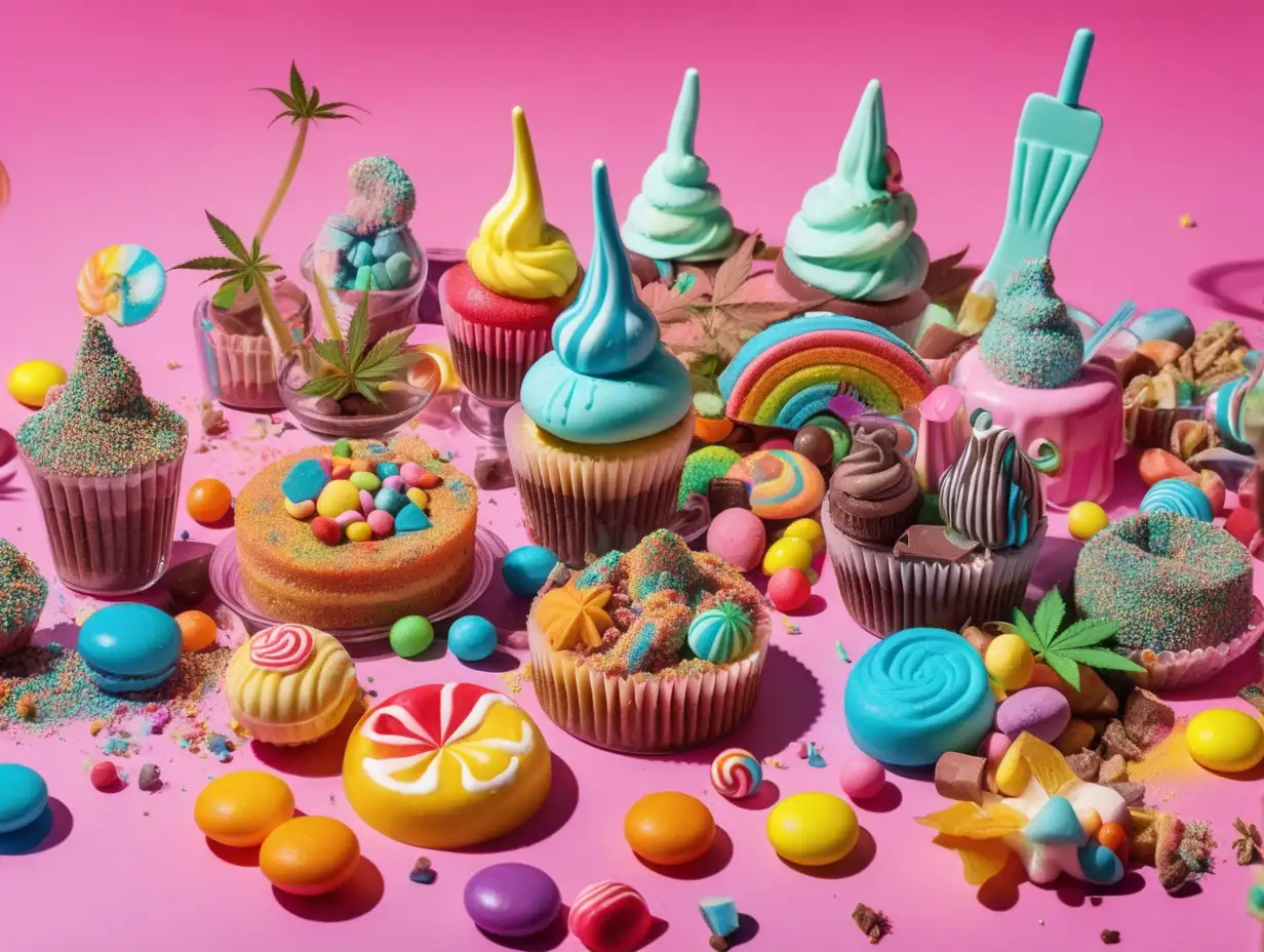 Psychedelic desserts smoking cannabis with various colored candies, toys and food, acid drip style