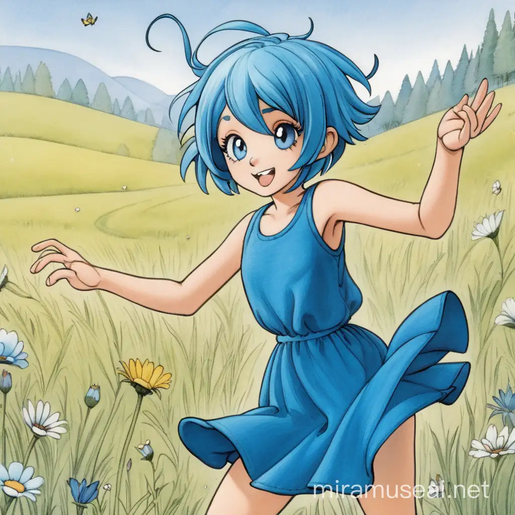 Pixie with blue hair dancing in a meadow