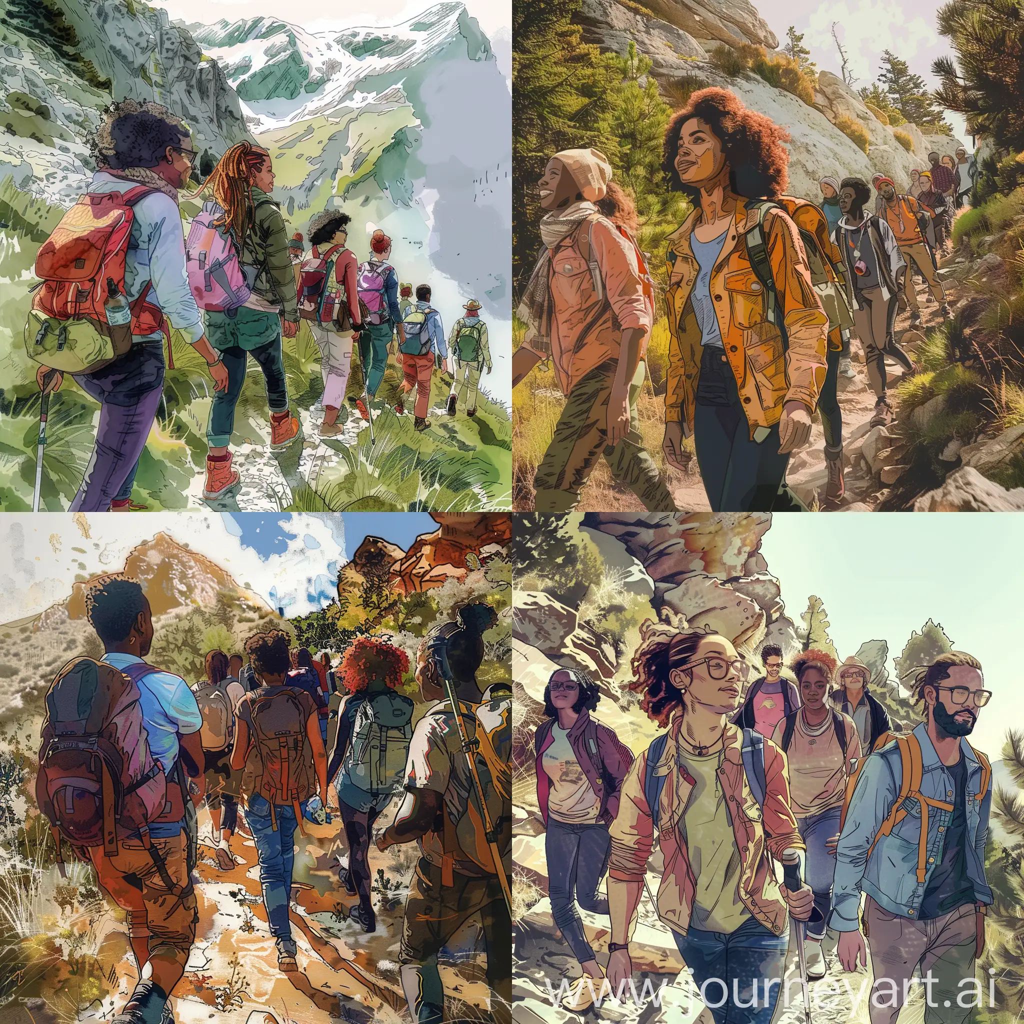 Photo of a group of diverse people hiking on a mountain trail, showcasing a mix of real people and illustrations. Style: adventurous, diverse representation, vibrant colors. Post processing: sharpen details, emphasize natural landscape.