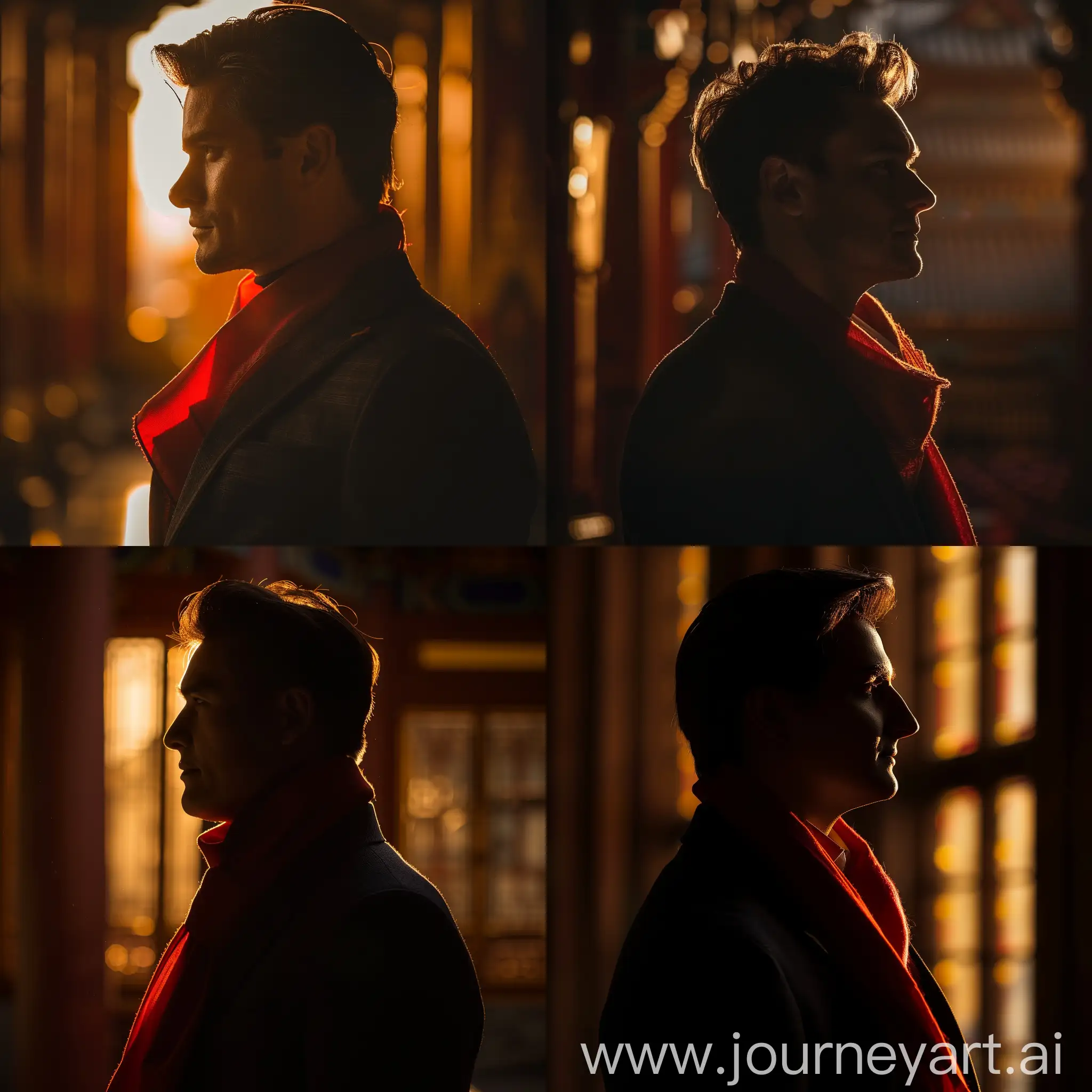 在寺庙中，一个30岁的身穿西装的男生的背影，近景镜头，带着红色围巾，温暖的一束光照在身上，摄影，高清
