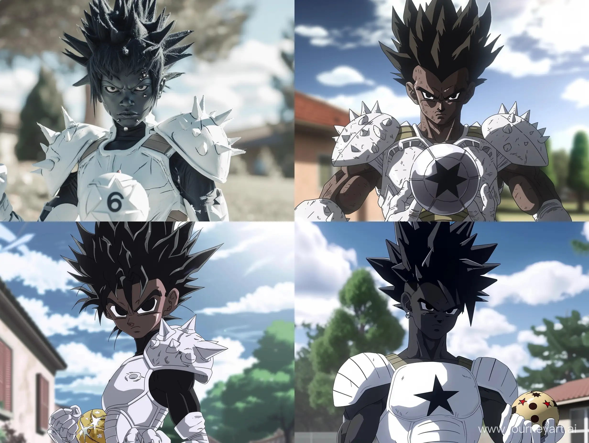 A black anime character in the style of dragon ball z, akira toriyama, wearing white armor, spikey black hair, black eyes, outside, full view, holding a 6 star dragonball