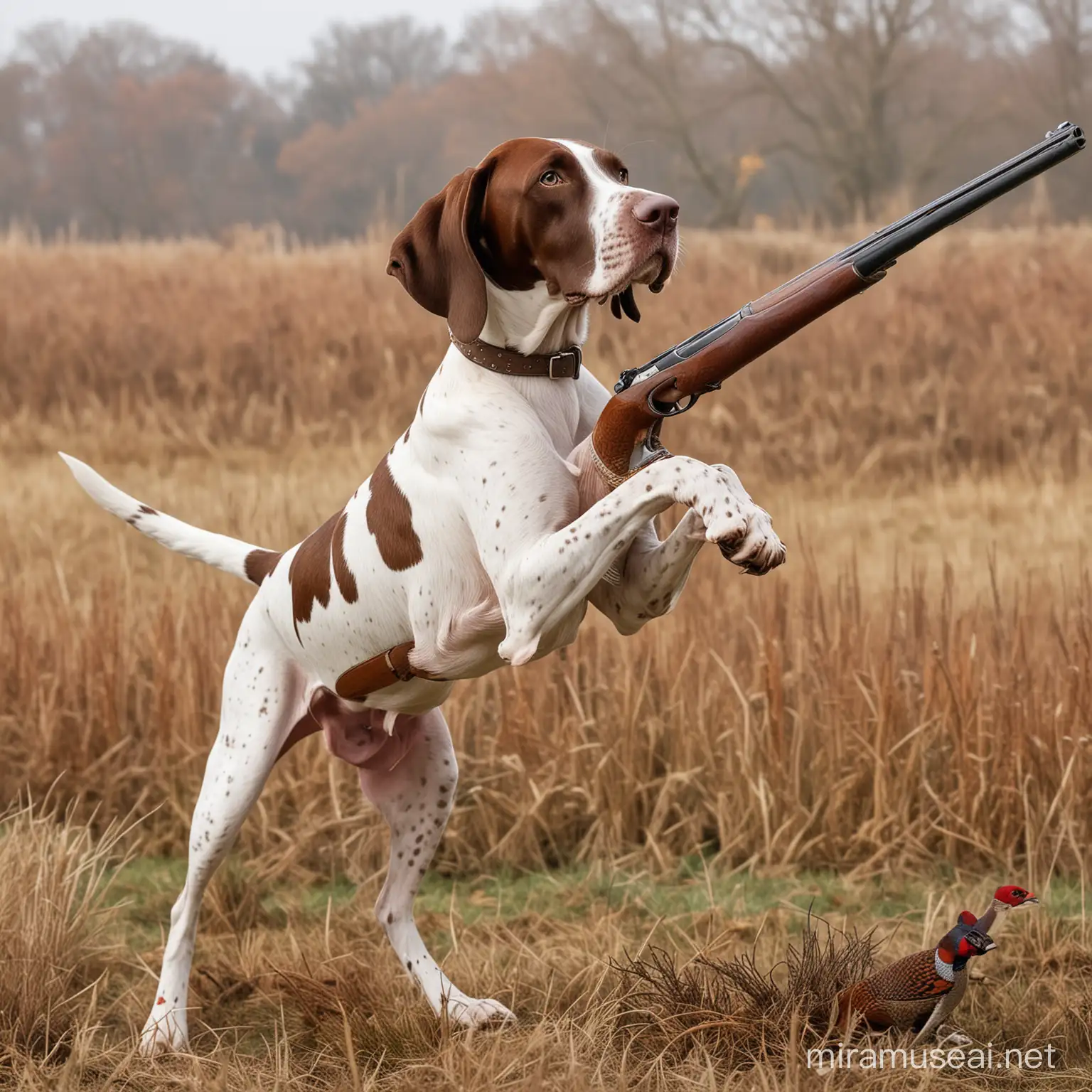 an English Pointer, the dog is in a classic hunting stance pointing towards prey, side view, a pheasant is holding a long gun