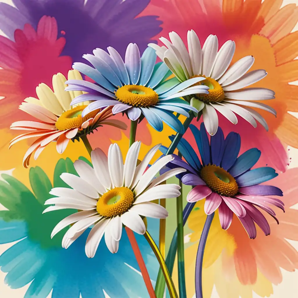 Graphic of daisies as a watercolor drawing on a rainbow-colored background