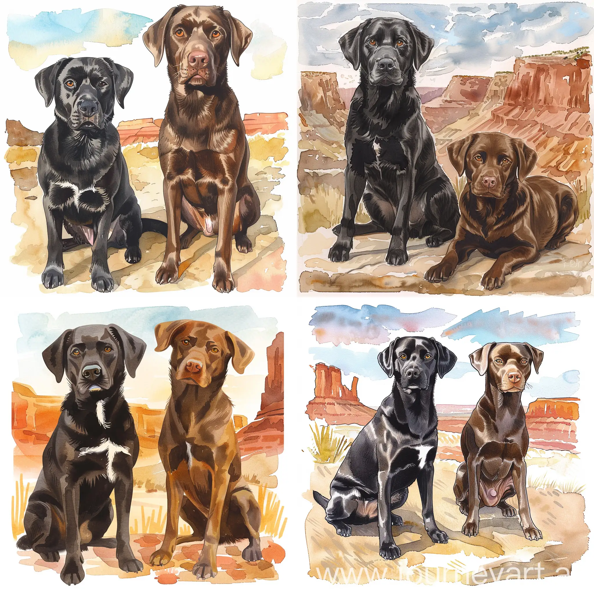 TWO medium size adorable cute friendly adult dogs. cartoon. soft. rustic
1 dog black Labrador collie female mix chubby longer hair  black small WHITE on chest. 

1 dog chocolate brown male spaniel Labrador thinner mix tiny smaller WHITE patch chest. 

Watercolor. art.  adventure dogs. more cartoon. children's book. grand canyons. desert