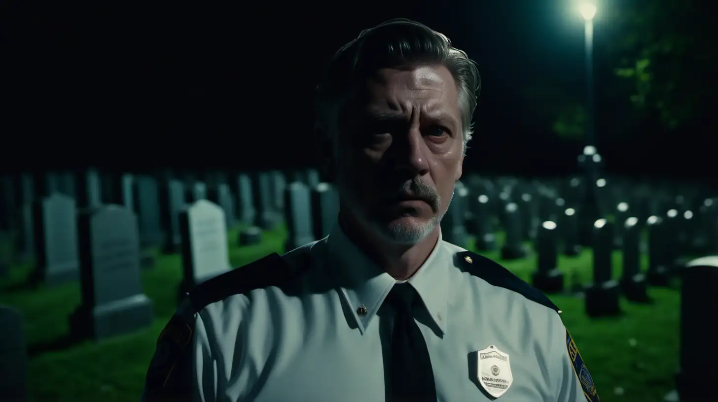a cinematic scene, ultra realistic, High Angle Shot, film grain, IMAX 70mm film still, cinematic color grading,  detailed faces, dramatic lighting, captured by Canon Cinema EOS, medium hair 40-year-old white male security guard, in cemetery, at night--v 5 --style raw