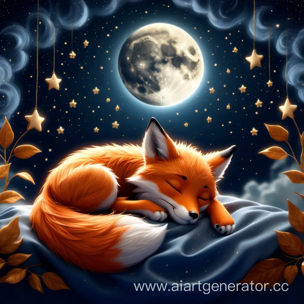 Маленький лисёнок спит, волчонок спит, на небе светят звезды и луна, реалистичное изображение