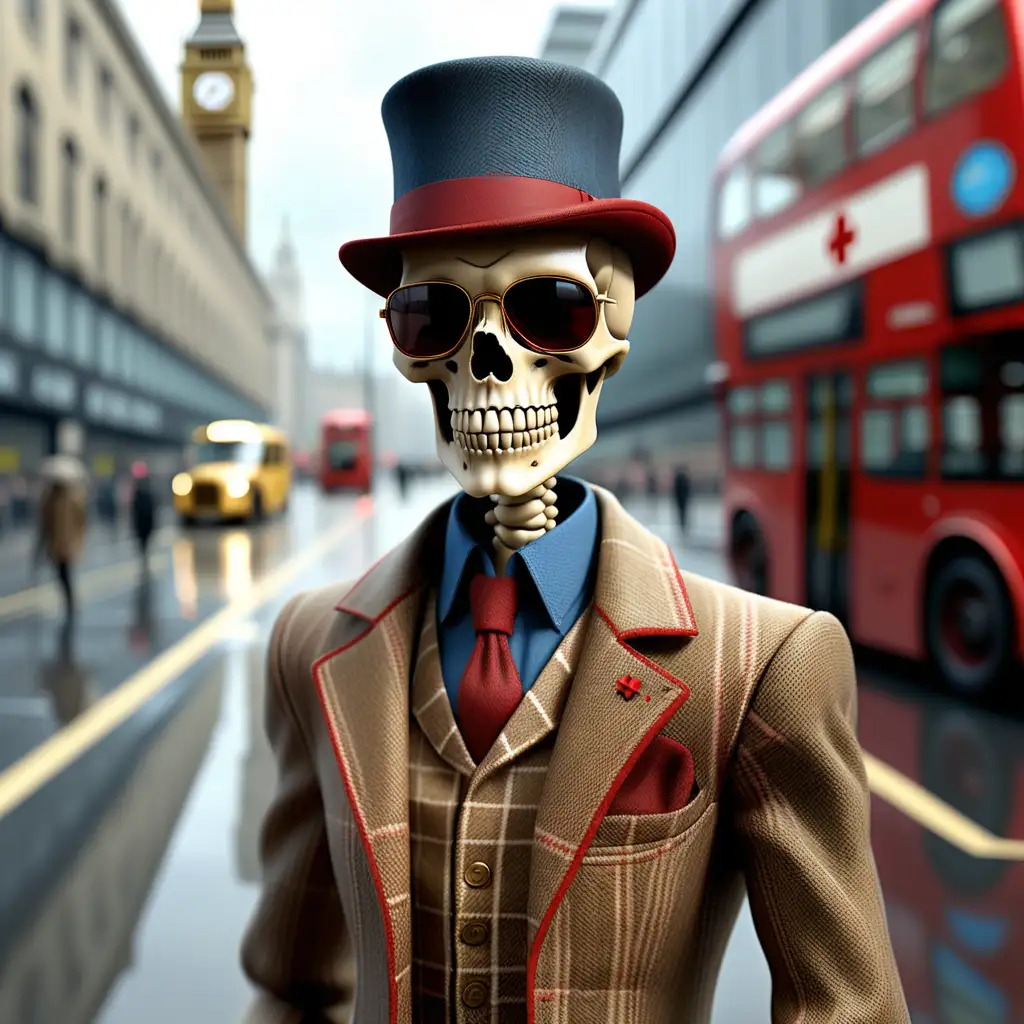 photorealistic full body photograph of an elegant skeleton, wearing brown tweed suit, blue waistcoat with red windowpane check pattern, black top hat with a red band, gold rimmed aviator sunglasses, gold pocket watch on a chain, walking on London bridge, rainy day, red London bus passing by, skeleton driver, the image creates an air of mystery, High resolution, High contrast, Extremely intricate details, UHD, red cross