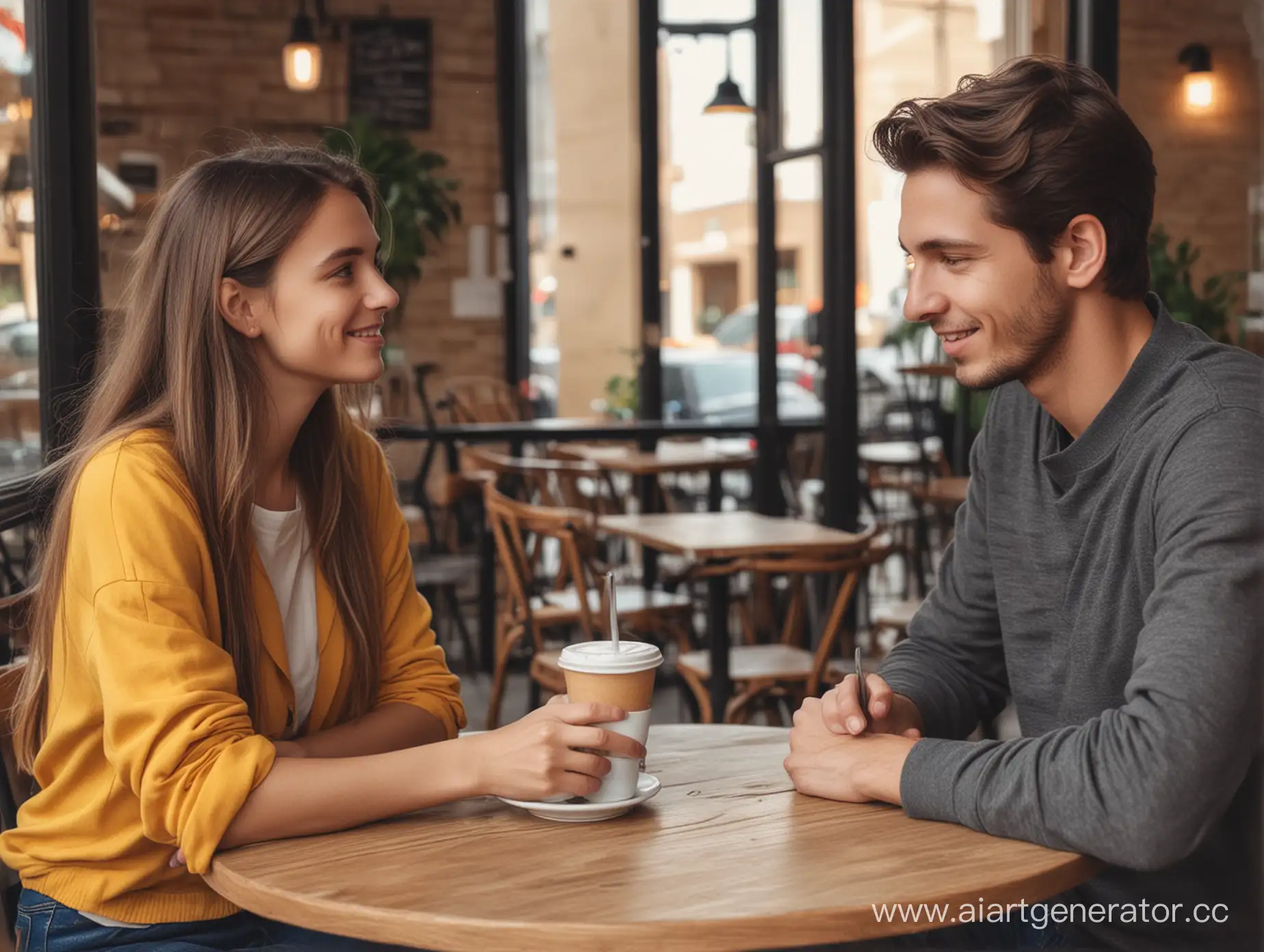 a guy and a girl meeting in a cafe