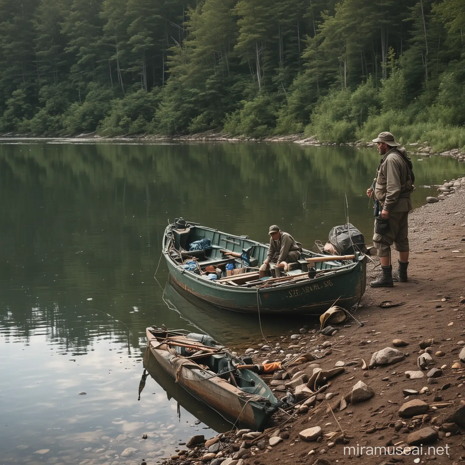 Create a scene depicting a group of dejected fishermen by a tranquil lake or river, their boats empty, and their fishing gear laid aside. Show the disappointment on their faces as they gaze out at the calm waters, highlighting the theme of coming back empty-handed after a day of fishing. Capture the serene yet somber atmosphere of the moment, emphasizing the contrast between the hopeful anticipation of a bountiful catch and the reality of a failed fishing trip.