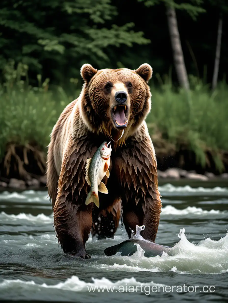 Большой бурый медведь стоит в реке и держит в своей пасти огромную рыбу
