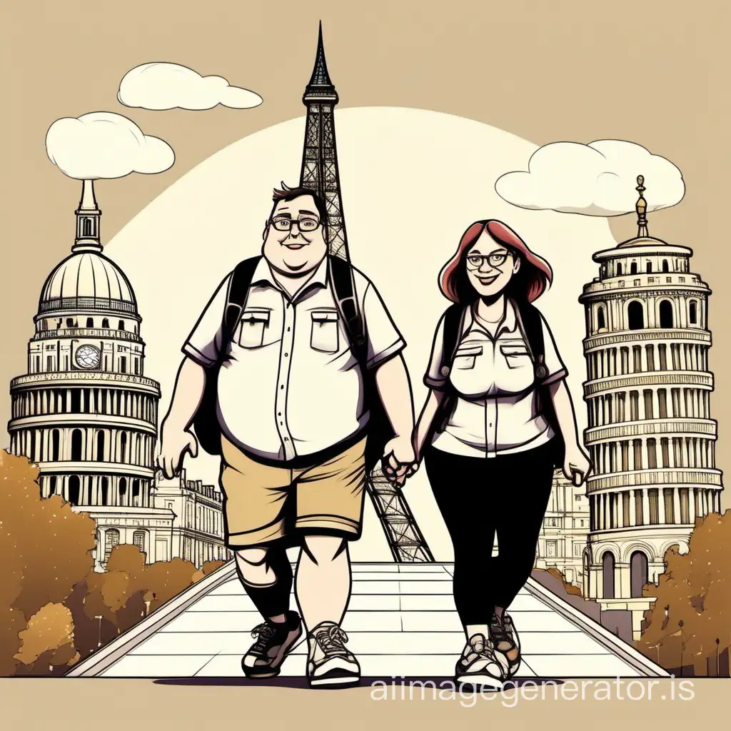 fat husband and wife backpacking in front of big ben eiffel tower and acropolis in cartoon style