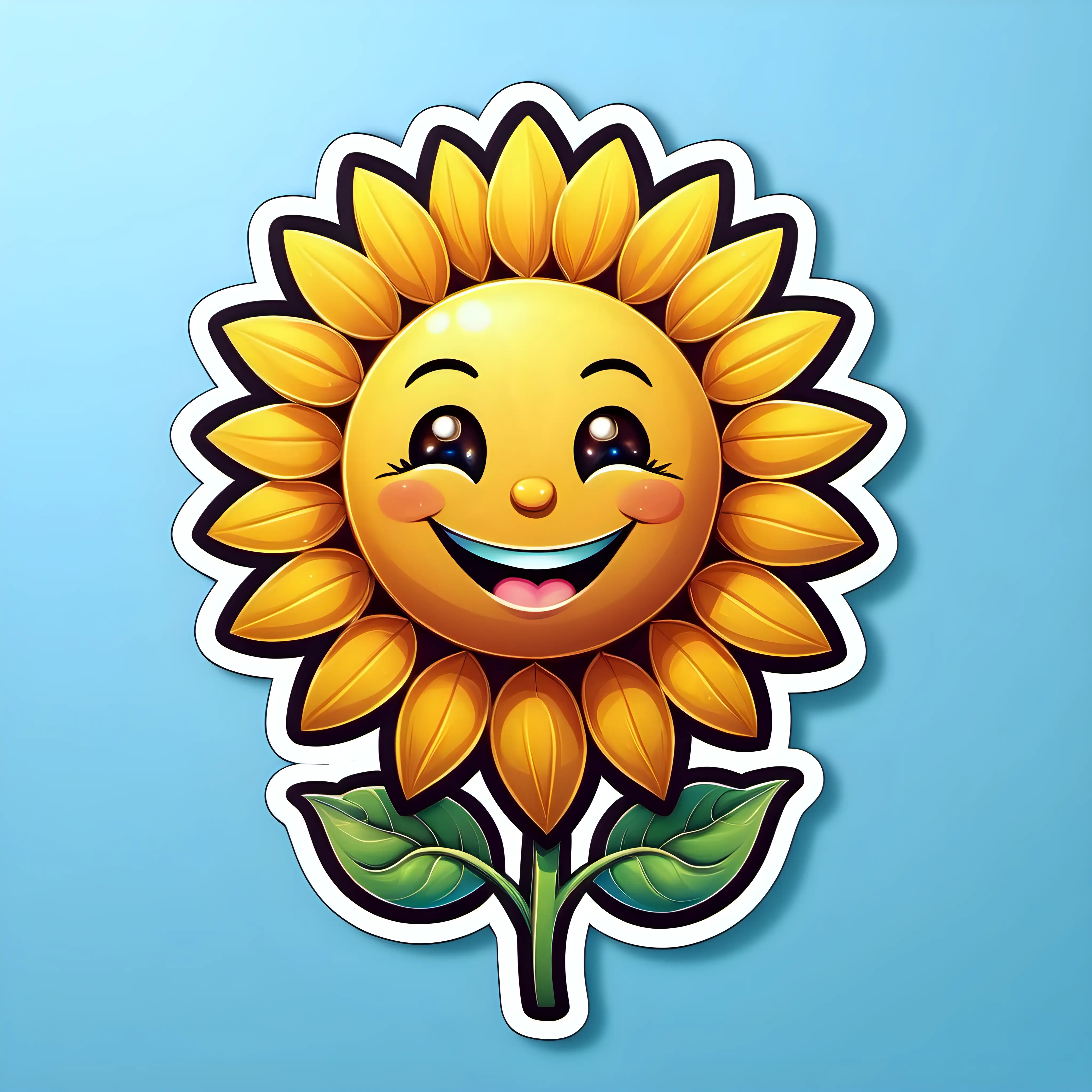 Smiling Cute Sunflower Sticker on Sky Blue Background Ultra Detailed Floral Art