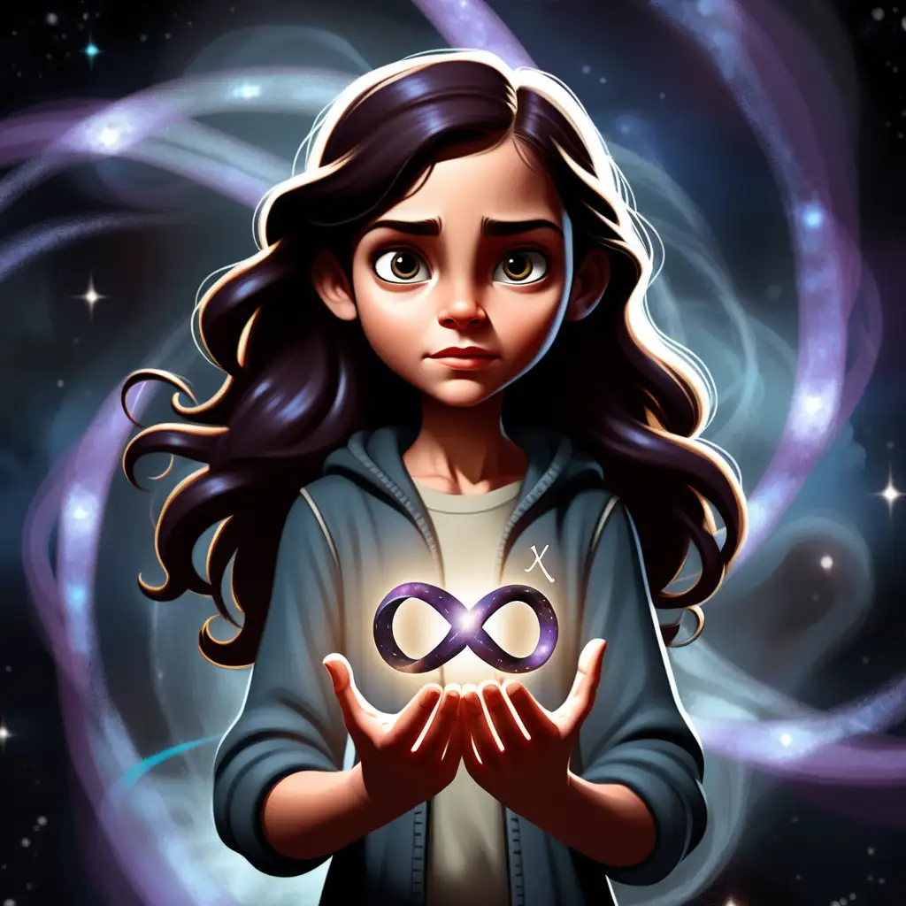 10 year-old girl who looks like Joslyn Arwen Reed, standing in a dark universe, holding an infinity sign in her hands, children's story book, illustration