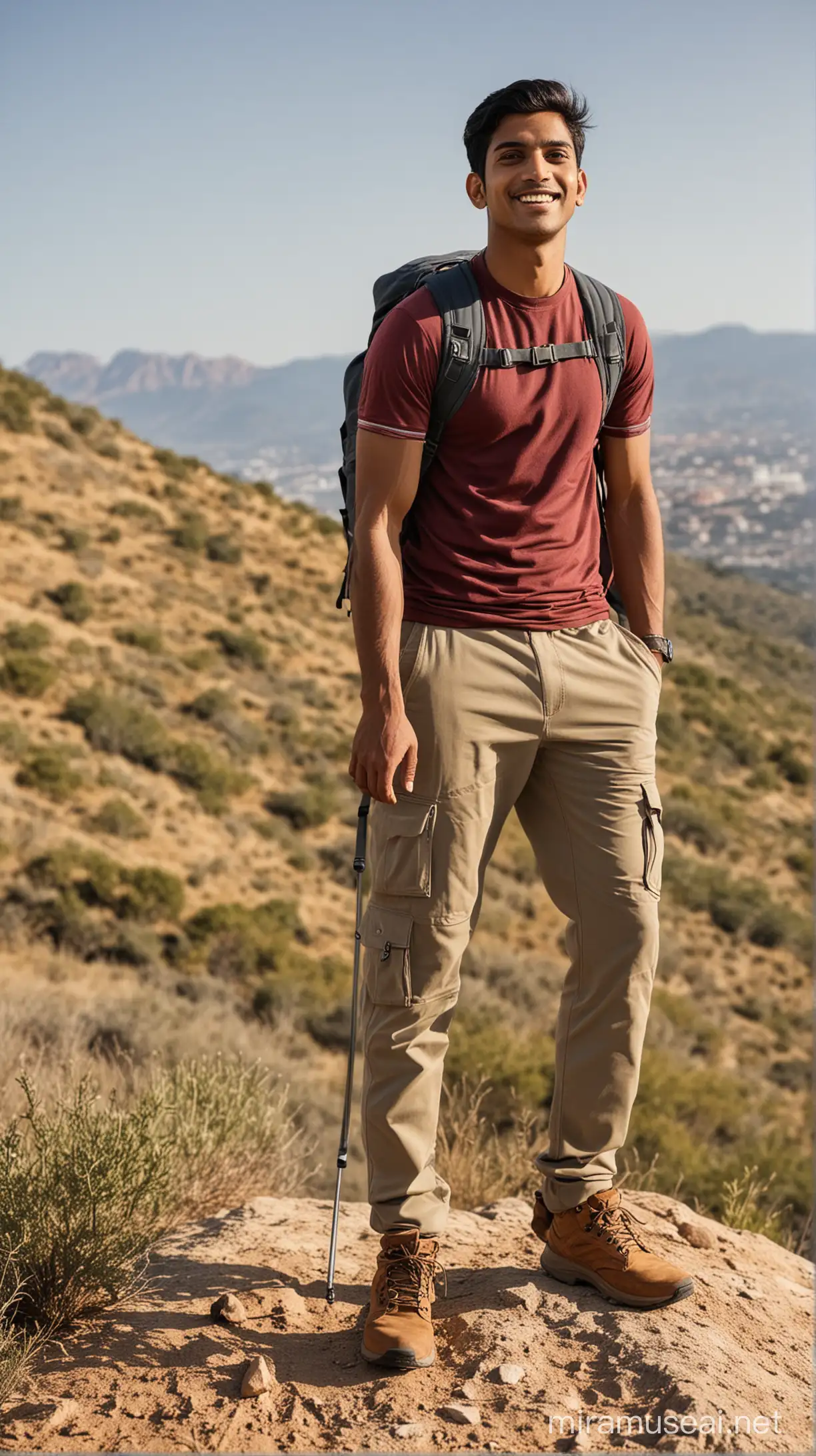 Young Indian Man in Hiking Outfit Standing on Hilltop