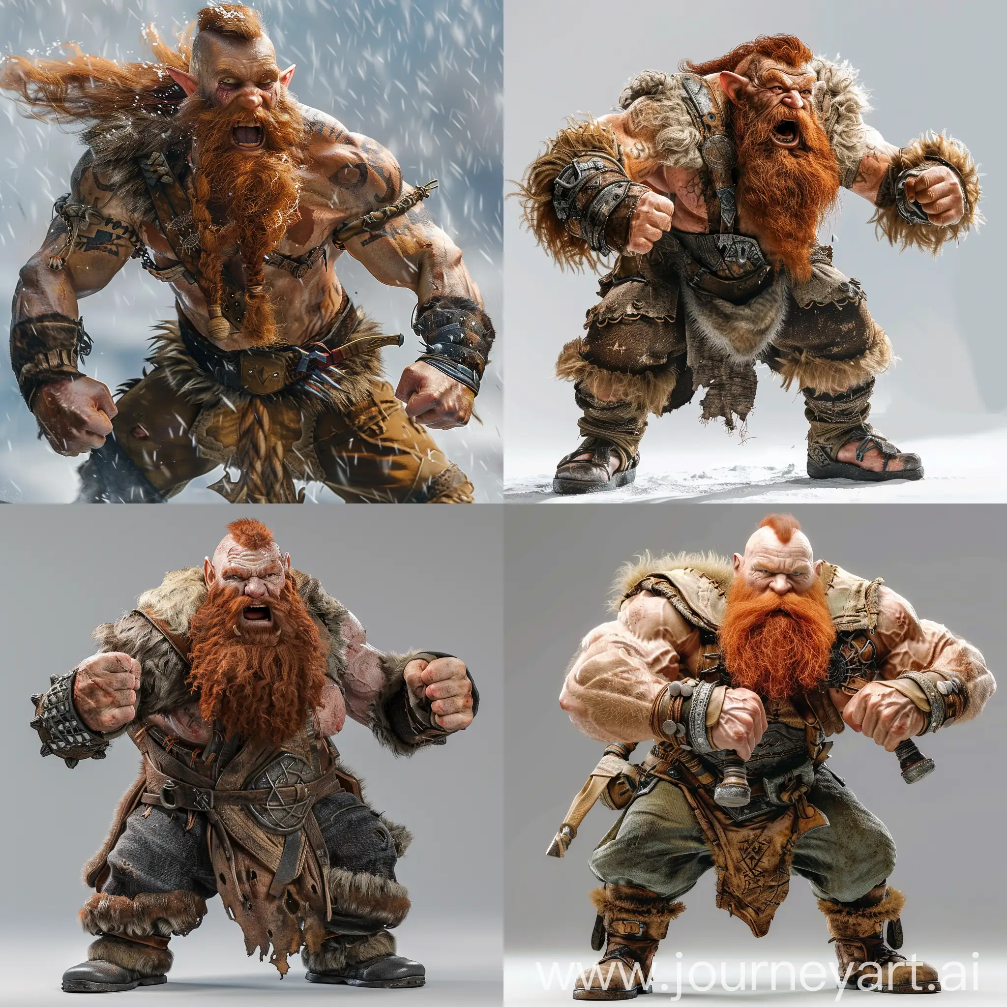 I'd like a photo realistic picture of a mountain dwarf barbarian. He's wearing the outfit from the movie Zardoz and ready to fight. He has a big red beard.