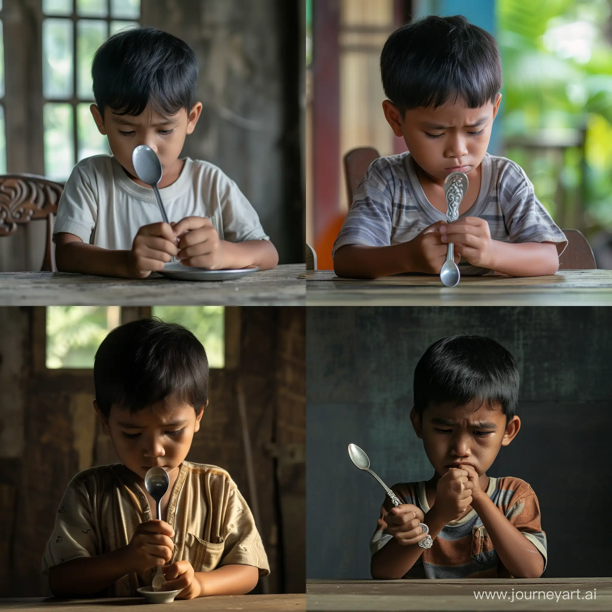 A 5 year old indonesian boy was holding a spoon, looking gloomy looking down sadly and had no appetite at a simple dining table. Movie scene, left side view