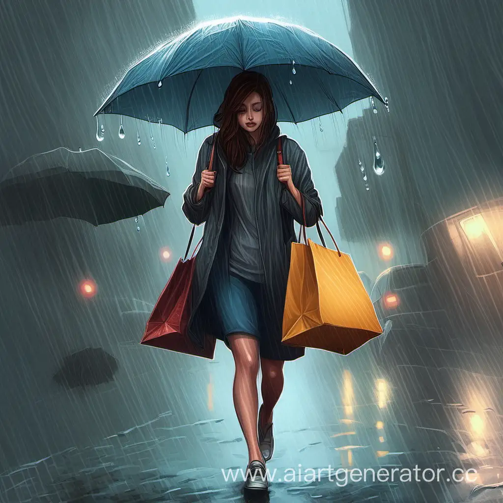 Нарисуй девушку под дождем с пакетами в руках и левитирующим зонтиком