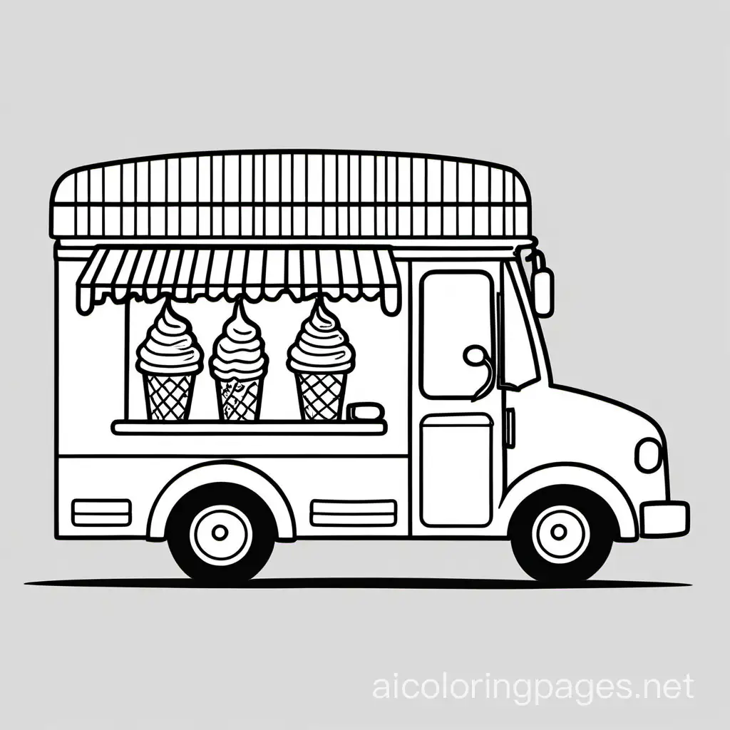 A smiling ice cream truck with a colorful awning and cute decorations., Coloring Page, black and white, line art, white background, Simplicity, Ample White Space. The background of the coloring page is plain white to make it easy for young children to color within the lines. The outlines of all the subjects are easy to distinguish, making it simple for kids to color without too much difficulty