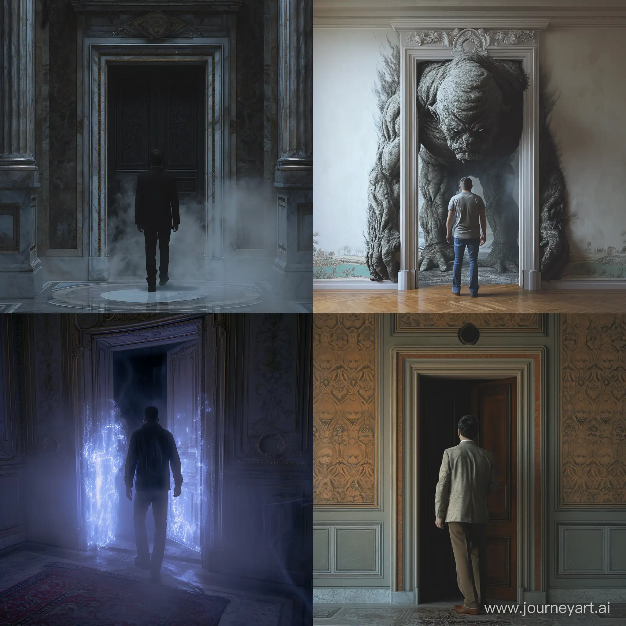 Man entering a door, ethereal, doors for giants, hyper realistic, 4k,1:1