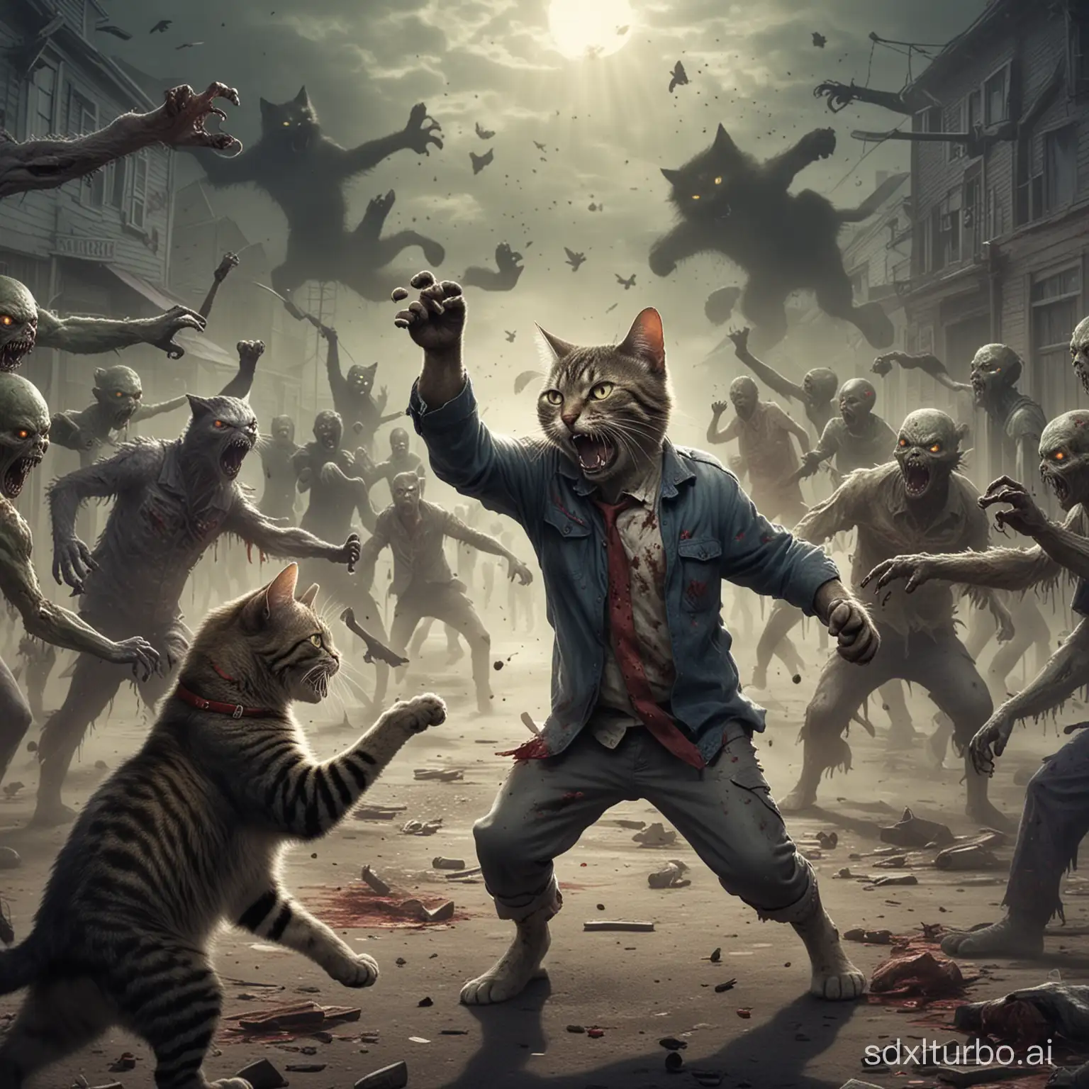 a picture of a cat fighting zombies