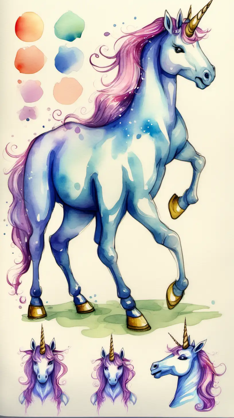 character sheet of a unicorn watercolor