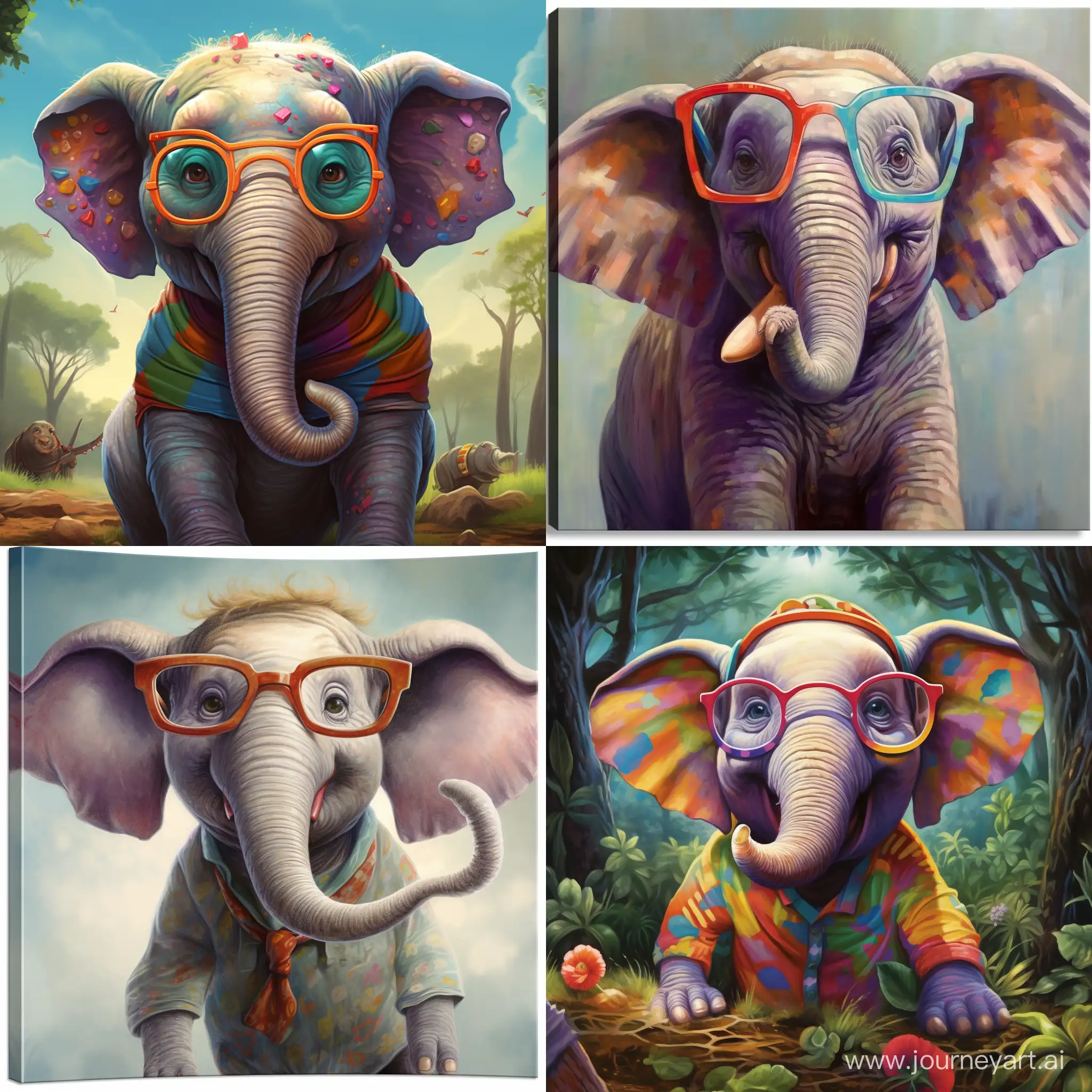 A happy elephant wears huge glasses. The glasses have fun prints and bright colors. The elephant shows enthusiasm as he explains to his friends how these giant glasses help him see the little things in life
