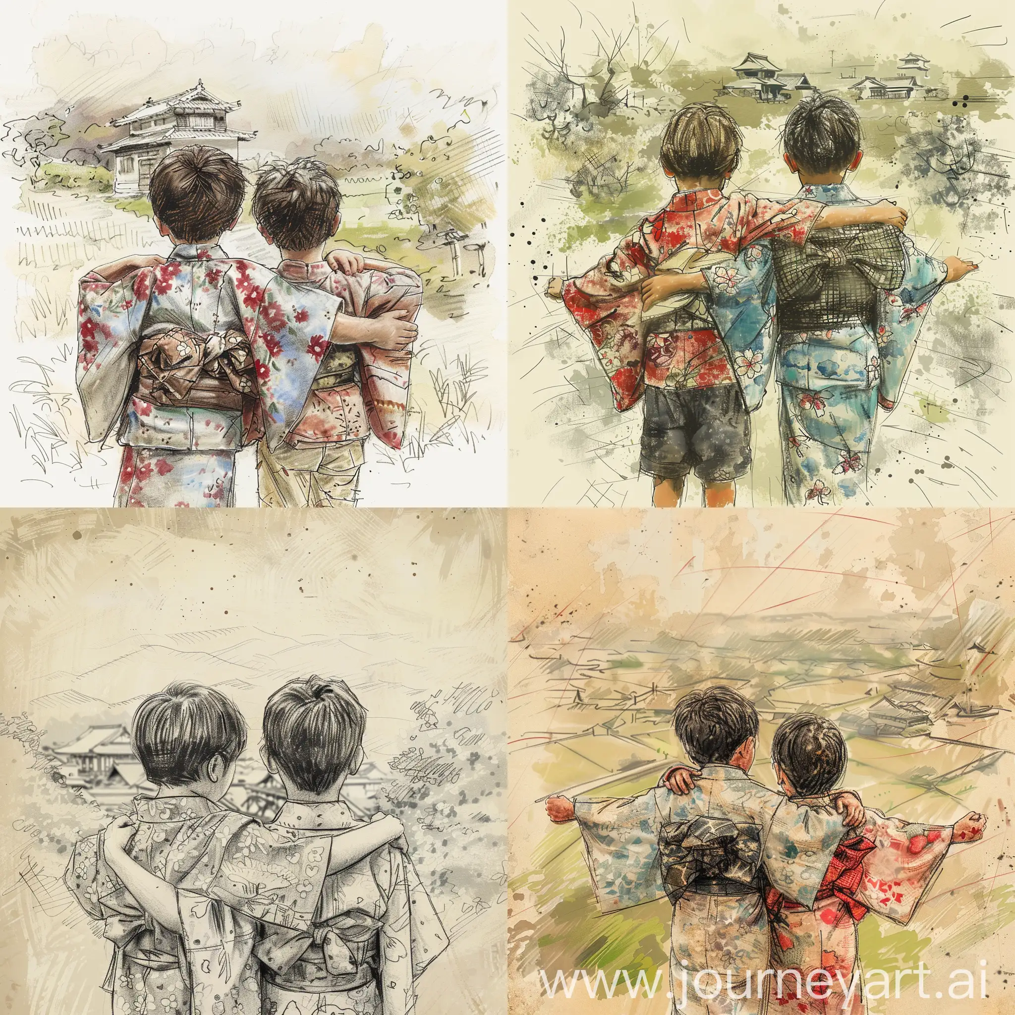 Two boy friends in old kimonos Japanese children look back with their arms around each other's shoulders. Japan has a rich tradition of storytelling and whimsical. Create a collaborative story that incorporates elements of these artistic styles. A turbulent past and the tenacious spirit of the Japanese people, preschool kids drawing, naive and unstrained touch of pencil scribbled, hand drawn, scrawled blur of Japanese countryside in the background. bird's eye view, simple