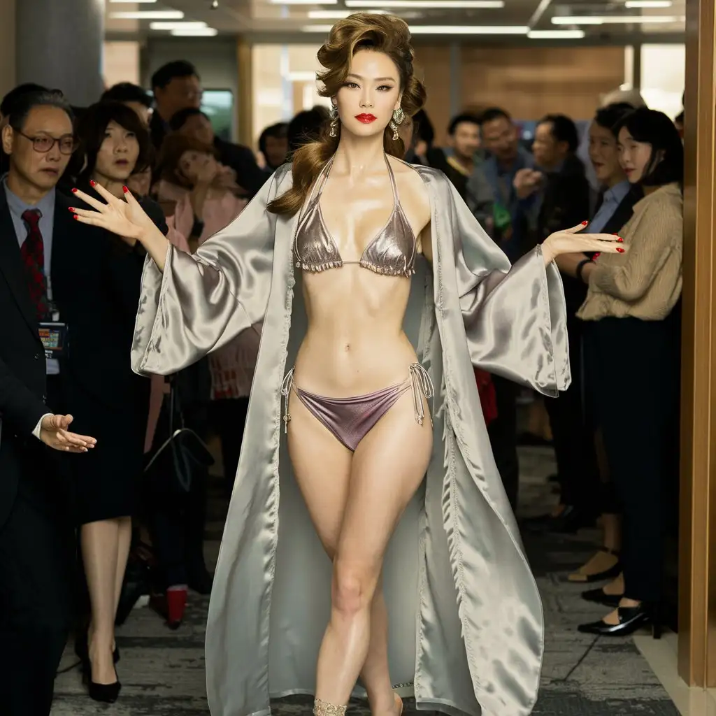 Hot, beautiful Singaporean Chinese influencer wearing a metallic bikini and a sheer silk chiffon robe, red glossy lipstick, lots of makeup and Louboutin patent leather heels in a crowded office lobby. Passers by ogle at her