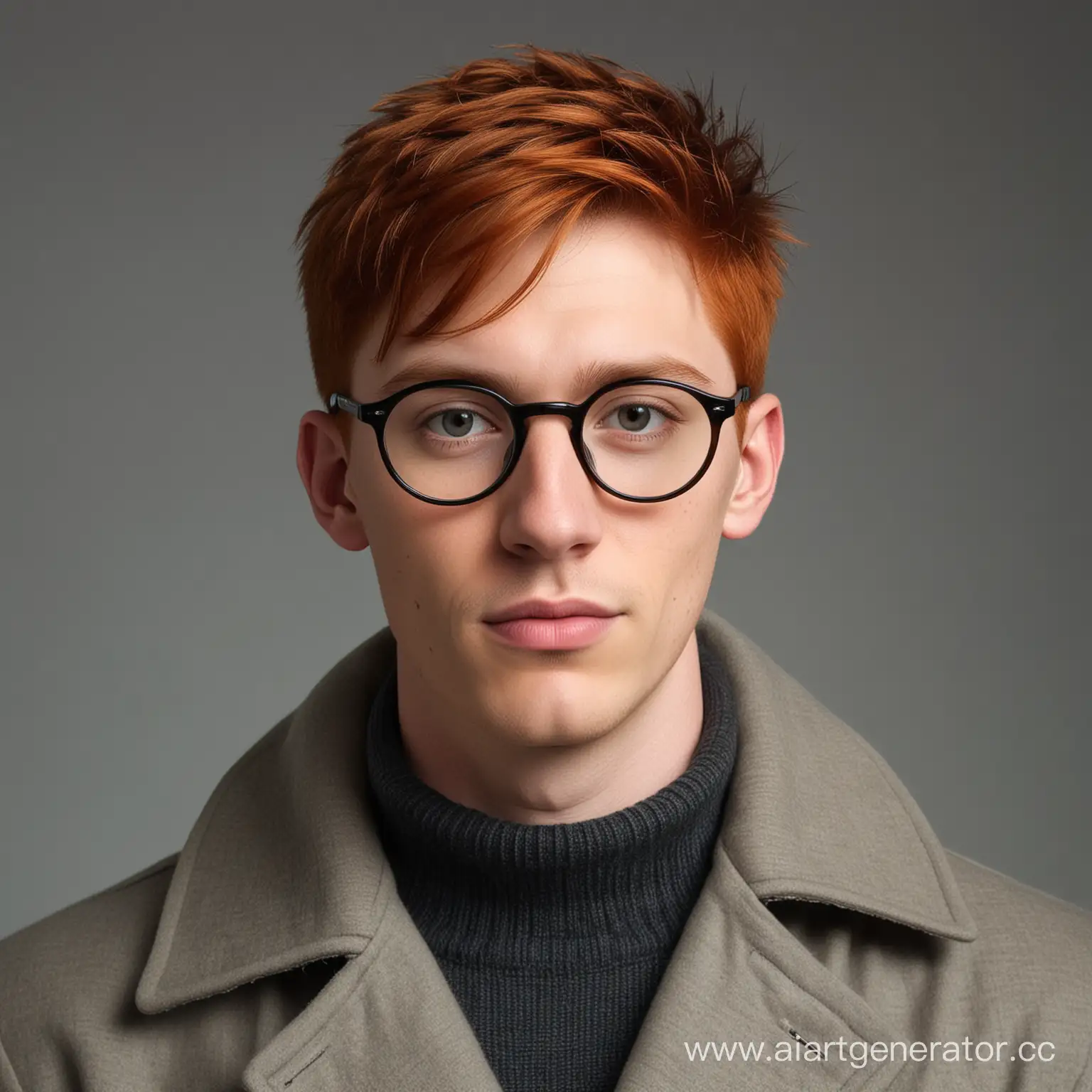 Портрет худого молодого человека в чёрных круглых очках. Рыжий, очень коротко подстрижен, на щеках небольшая щетина. Одет в пальто и серый свитер.