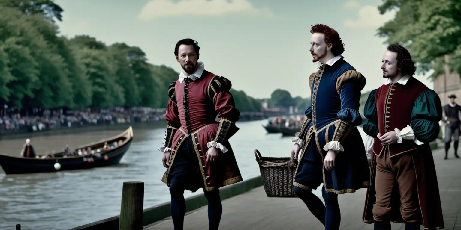 A colour photo of Robert Devereux,  Francis Drake  and a 26 year old William Shakespeare walking along the banks of a river in 1595. The river is dotted with boats. Traders unload goods from boats tied up to a dock. The photo is Shot with Sony Alpha a9 II and Sony FE 200-600mm f/5.6-6.3 G OSS lens, natural light, hyper realistic photograph, ultra detailed