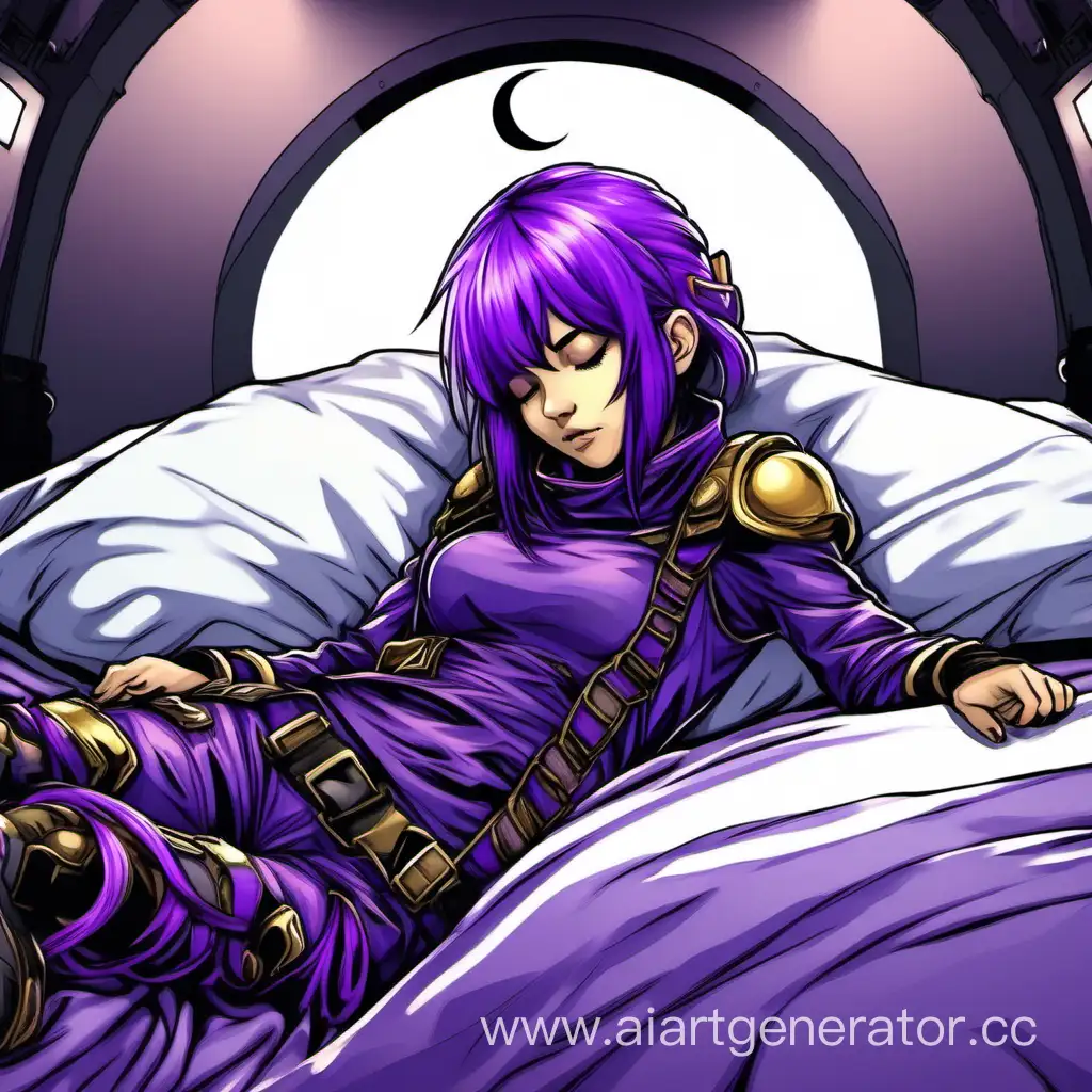 Девушка с фиолетовыми волосами, в фиолетовой боевой одежде, мир фэнтези, спит на кровати