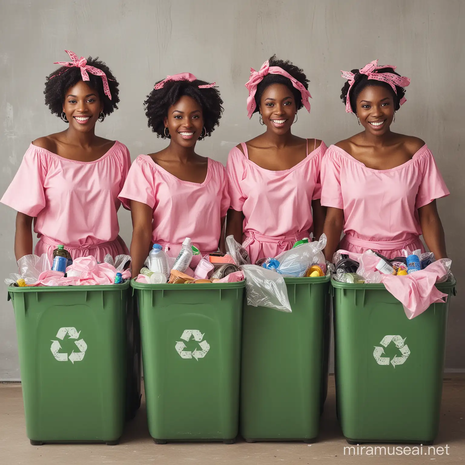 black ladies dressed in pink and green recycling