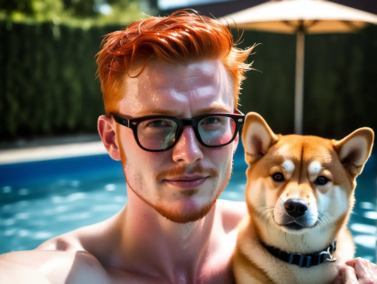 Handsome Irish redhead man very sweaty very wet oiled up stubbles glasses shirtless swimming with his Shiba Inu sunny day pool