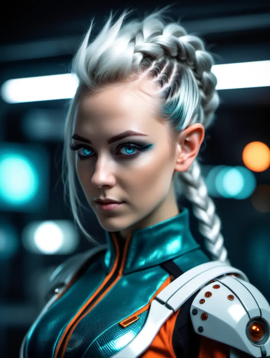 Beautiful Nordic woman, very attractive face, detailed eyes, elf ears, slim body, dark eye shadow, long white hair in a Dutch braided Mohawk style updo, wearing a teal and orange sci-fi cyber suit, close up, bokeh background, soft light on face, rim lighting, facing away from camera, looking back over her shoulder, standing inside of a high tech space station, photorealistic, very high detail, extra wide photo, full body photo, aerial photo