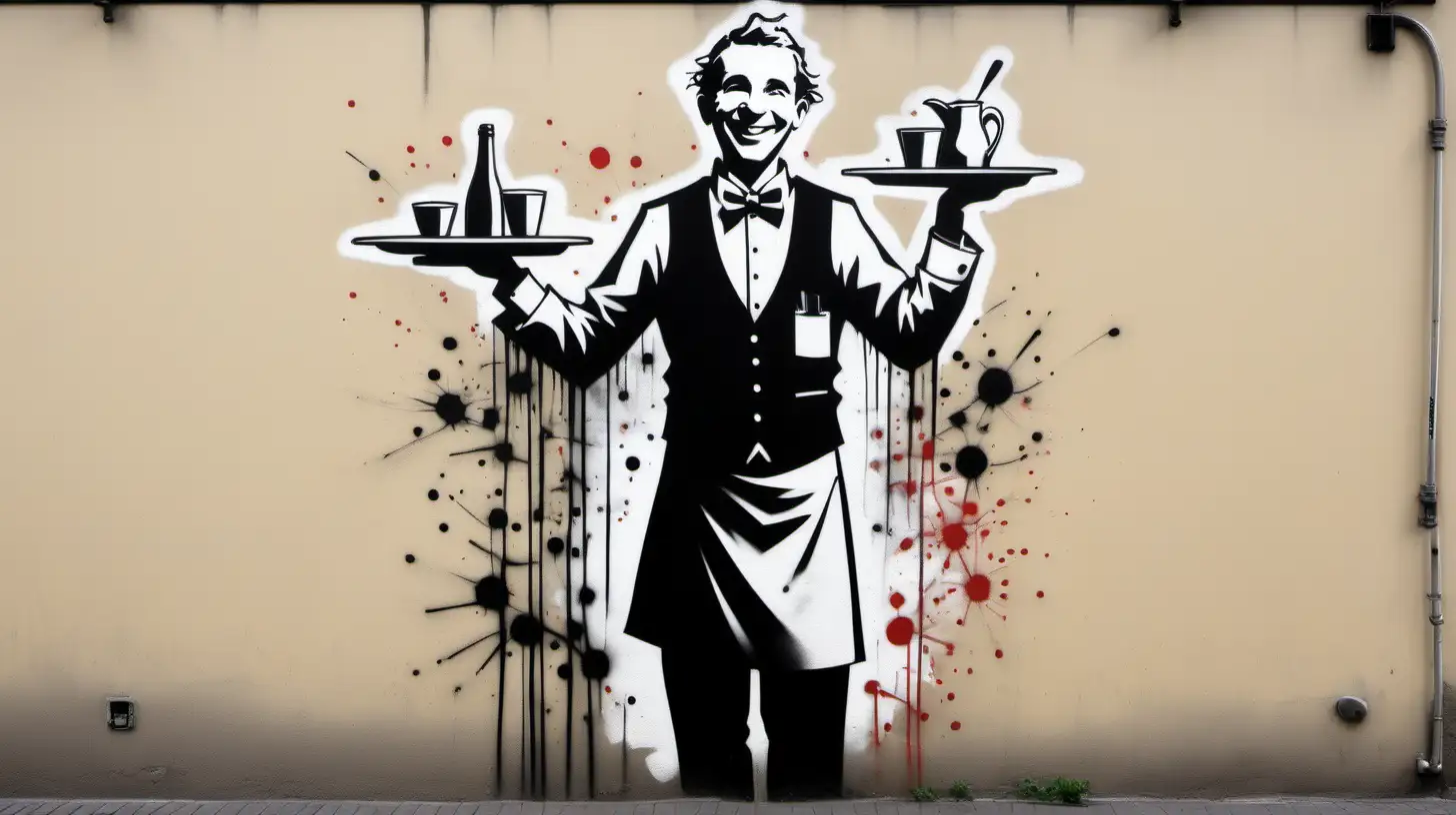 Cheerful Waiter with BanskyInspired Graffiti Vibe