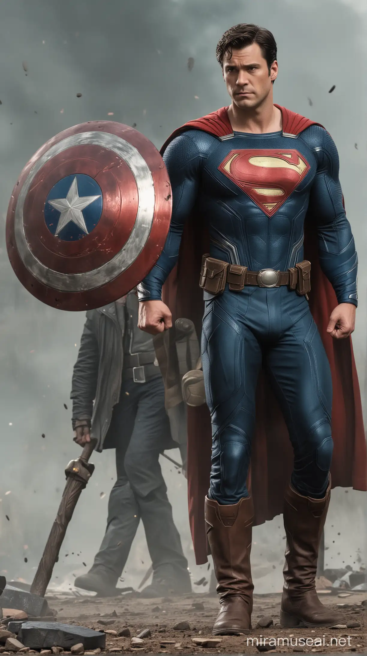 Superman with Captain Americas Shield and Thors Hammer